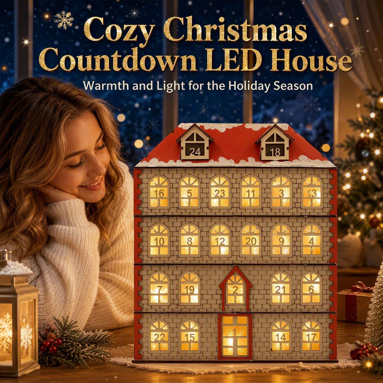 Calendrier de l'Avent en bois Décor de maison LED avec 24 tiroirs