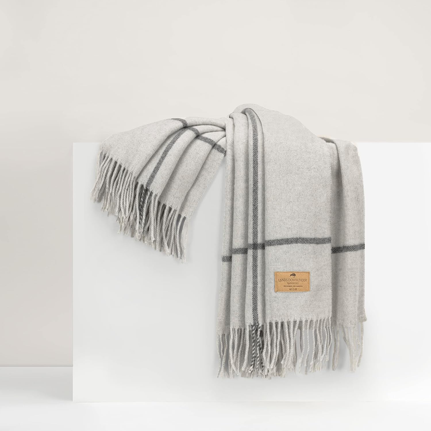 Lands Downunder Light Gray Windowpane Cashmere Throw - Wrap Yourself in Luxury - Made in Italy - 51" W x 67" L