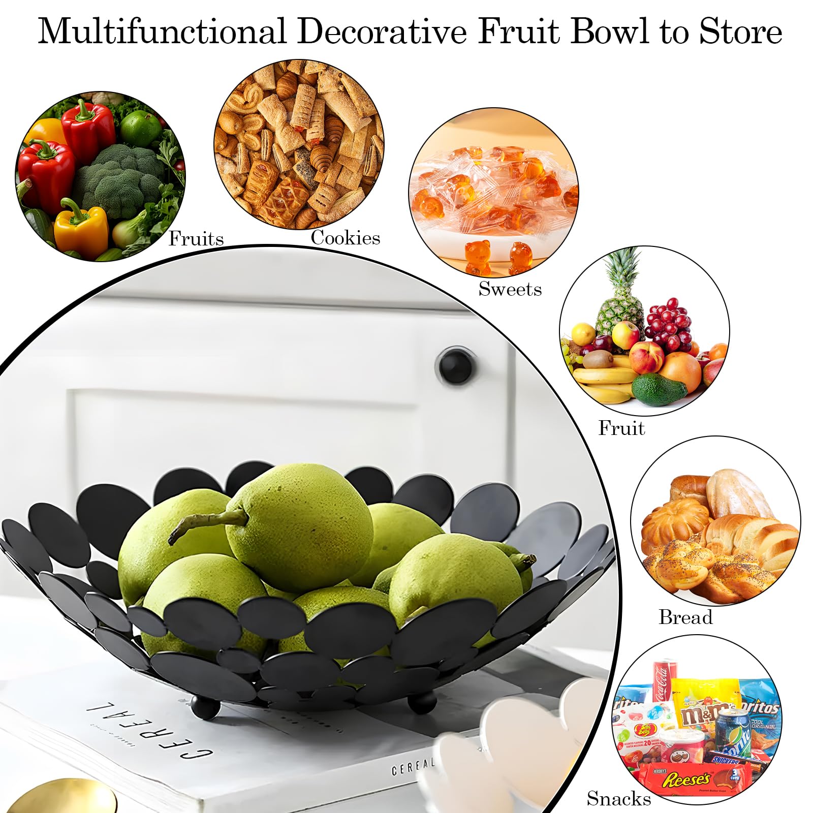 Cesto Portafrutta In Metallo Nero - Design Moderno Per Tavolo - Fruttiera Aperta Per Agrumi, Noci, Snack - Foto 10