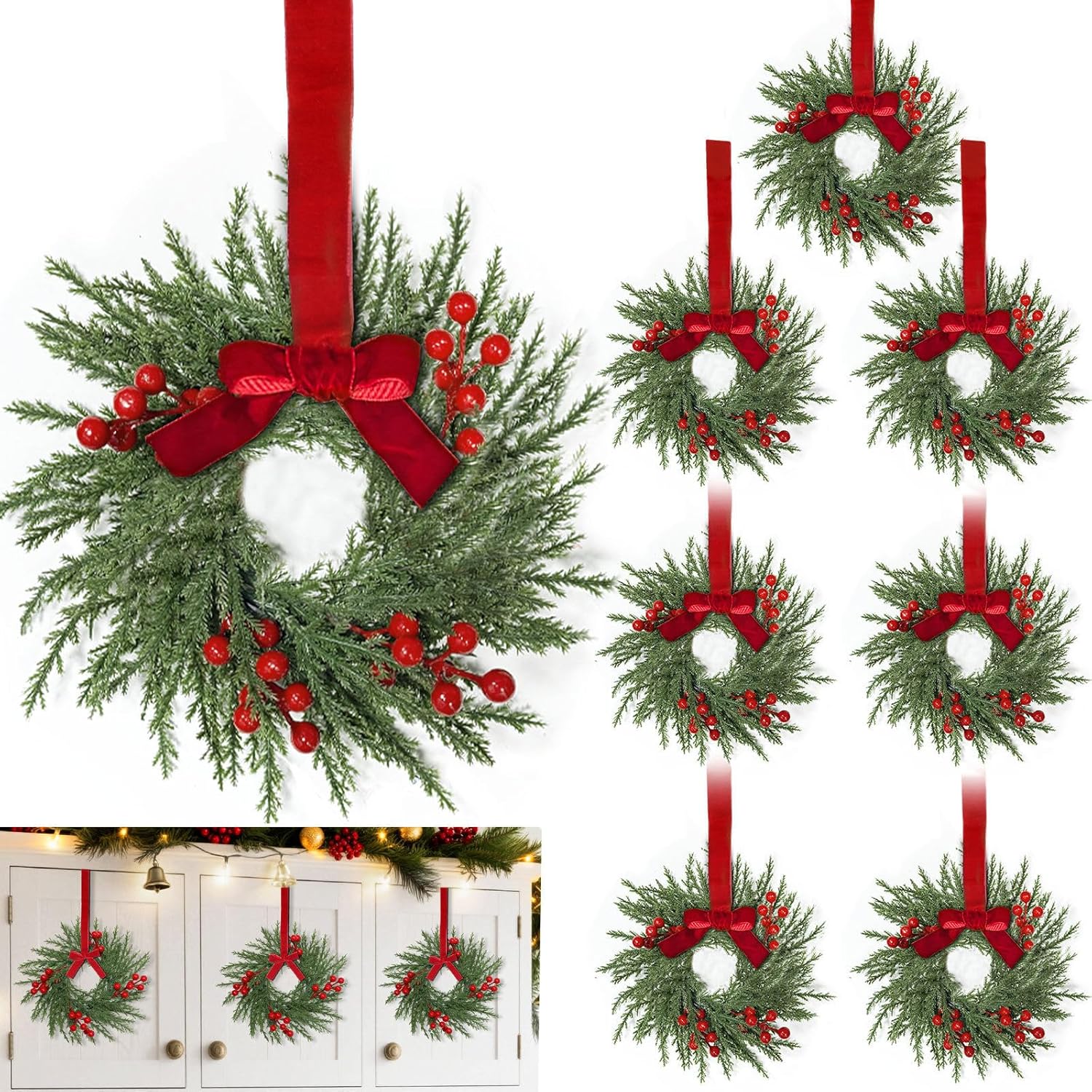 8 Pack 10 Inch Mini Christmas Wreath for Cabinets Kitchen Windows, Small Christmas Wreath with Cypress Branches Red Berried Red Bow Artificial Xmas Small Wreaths for Front Door Wall Stairs Home Decor