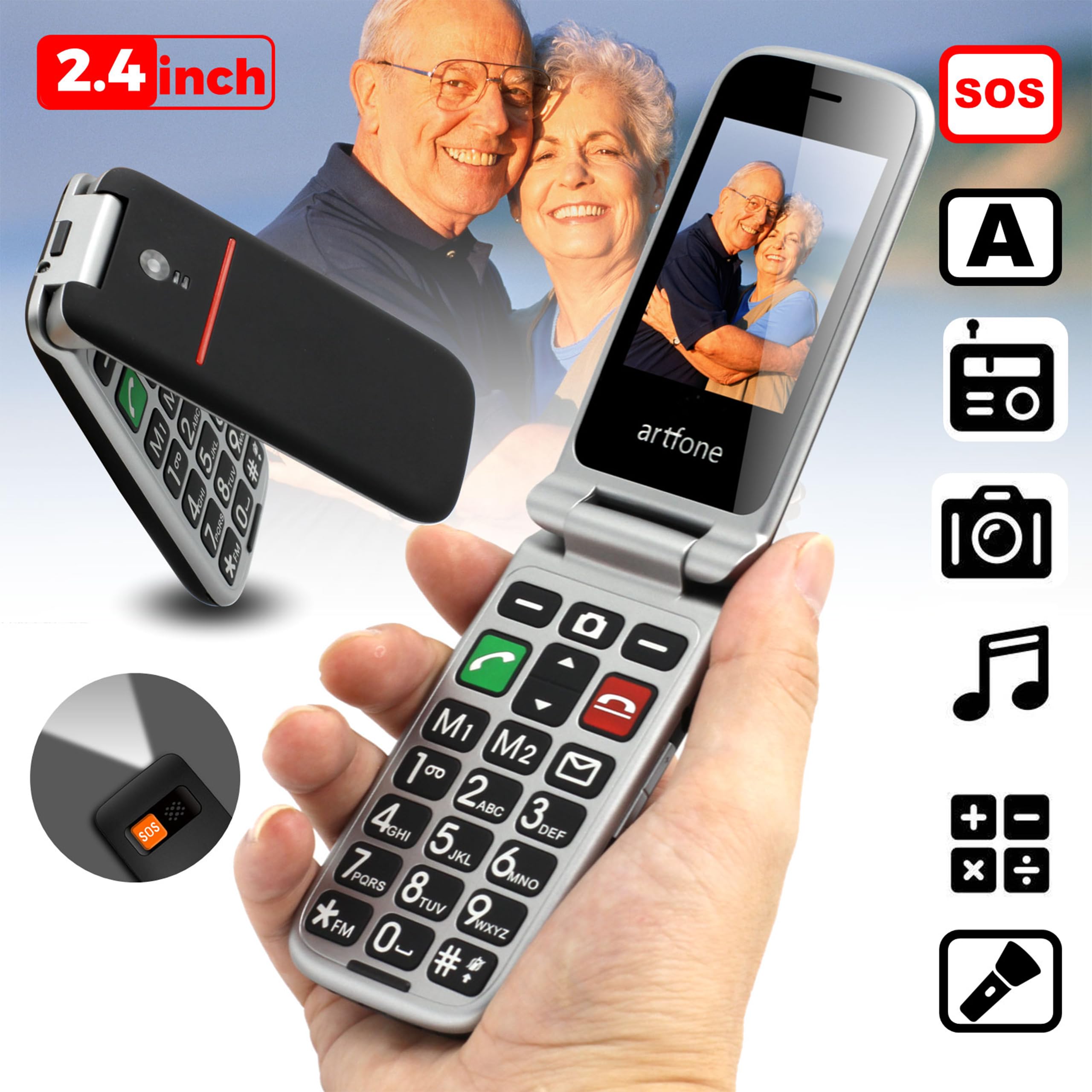 artfone Telefono Cellulare per Anziani a Conchiglia con Tasti Grandi Funzione SOS volume alto 2.4" Display Doppia scheda SIM sbloccata Fotocamera Torcia elettrica Facile da Usare Flip CF241A Nero