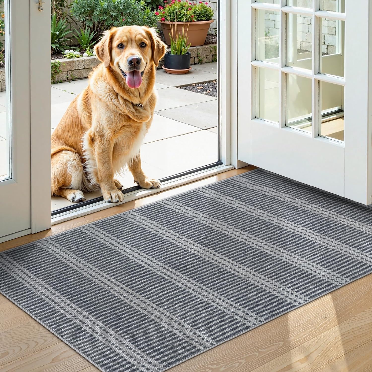 LIVEBOX Easy Jute Indoor Outdoor Rug 3x5 Front Porch, Washable Outdoor Rugs for Entryway, Gray Striped Geometric Rug for Living Room, Non Slip Carpet Door Mat for Front Door, Patio, Kitchen, Bedroom