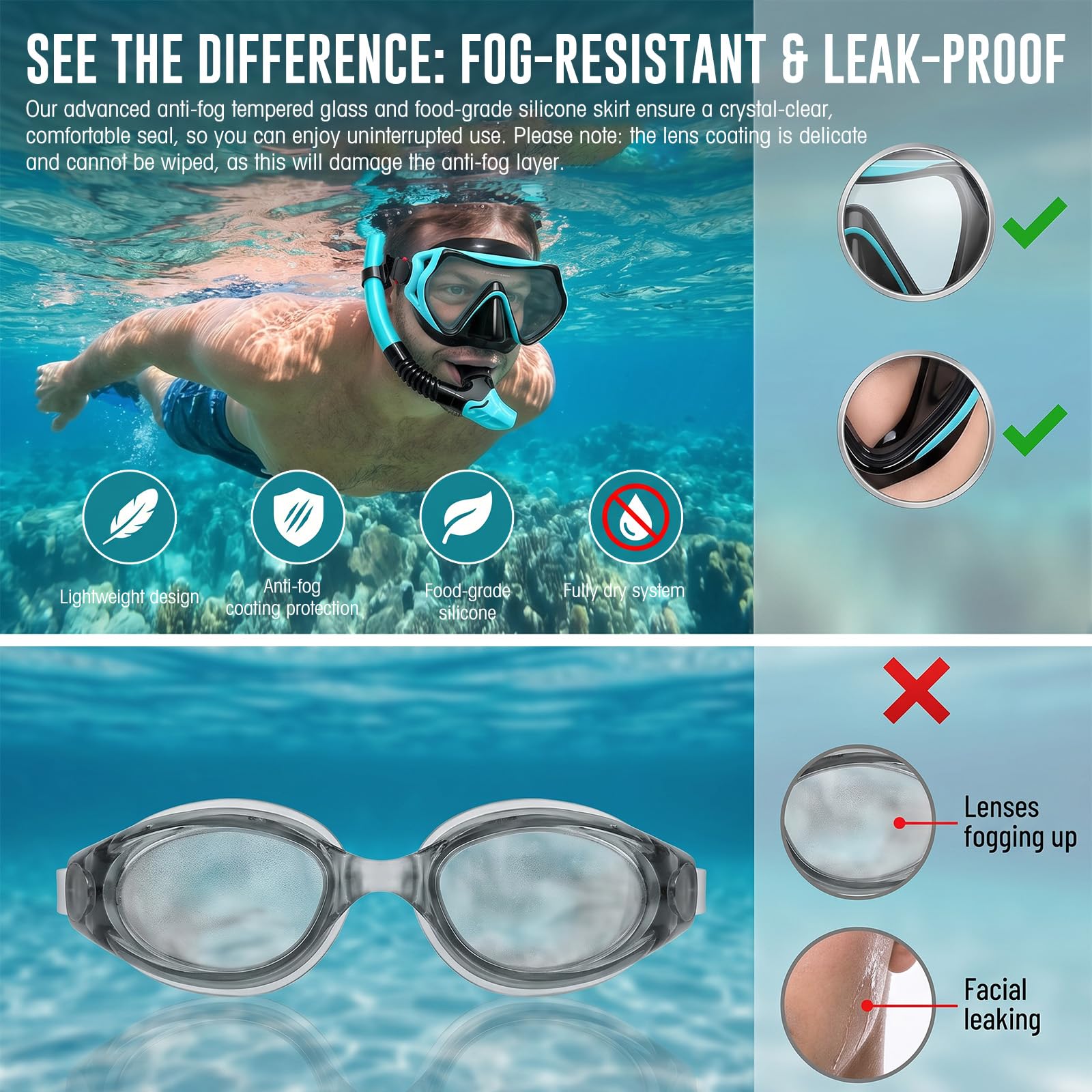 Schnorchelset Erwachsene mit Taucherbrille und Dry Schnorchel, Tauchmaske aus Gehärtetem Glas, Anti-Fog Anti-Leck, für Schwimmen/Schnorcheln/Tauchen