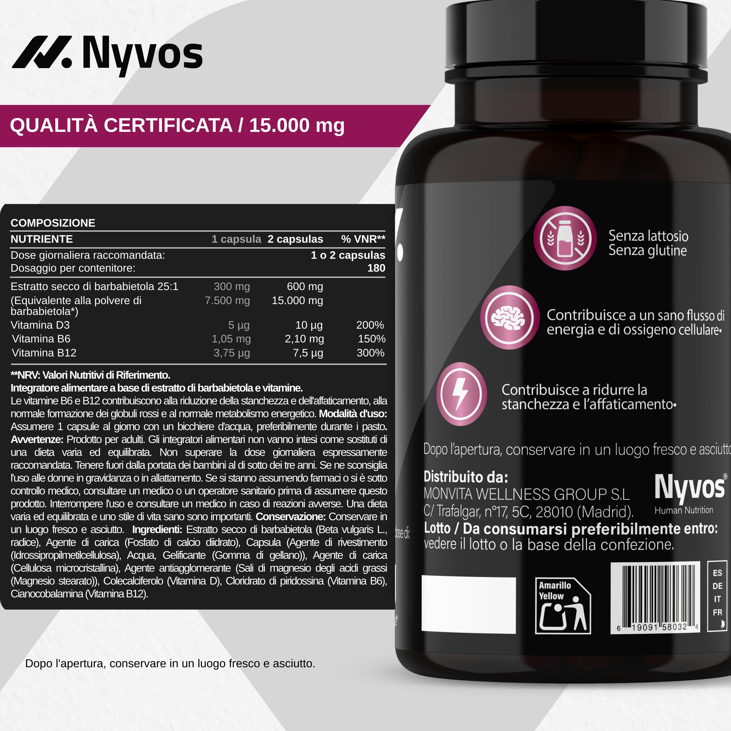 Barbabietola 25:1 – Equivalente a 15.000 mg – Supporto all’Ossido Nitrico – Nitrati Naturali per l’Uso dell’Ossigeno – con Vitamine B6, B12 e D – Energia senza Caffeina – 180 Capsule Vegane