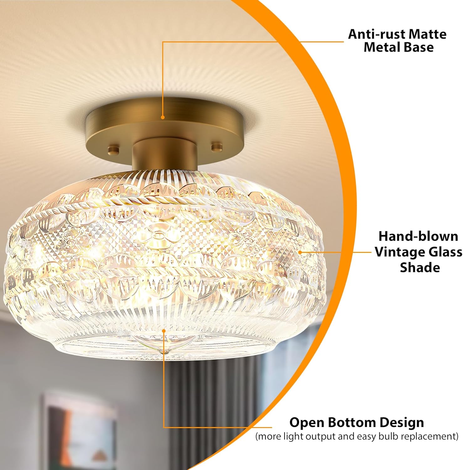 Industrial Semi Flush Mount Ceiling Light Fixture,Gold Globe Glass Hallway Lights Fixtures Ceiling,Vintage Ceiling Lights,Farmhouse Lights Fixture for Entryway Kitchen Bathroom,Bulb Not Included