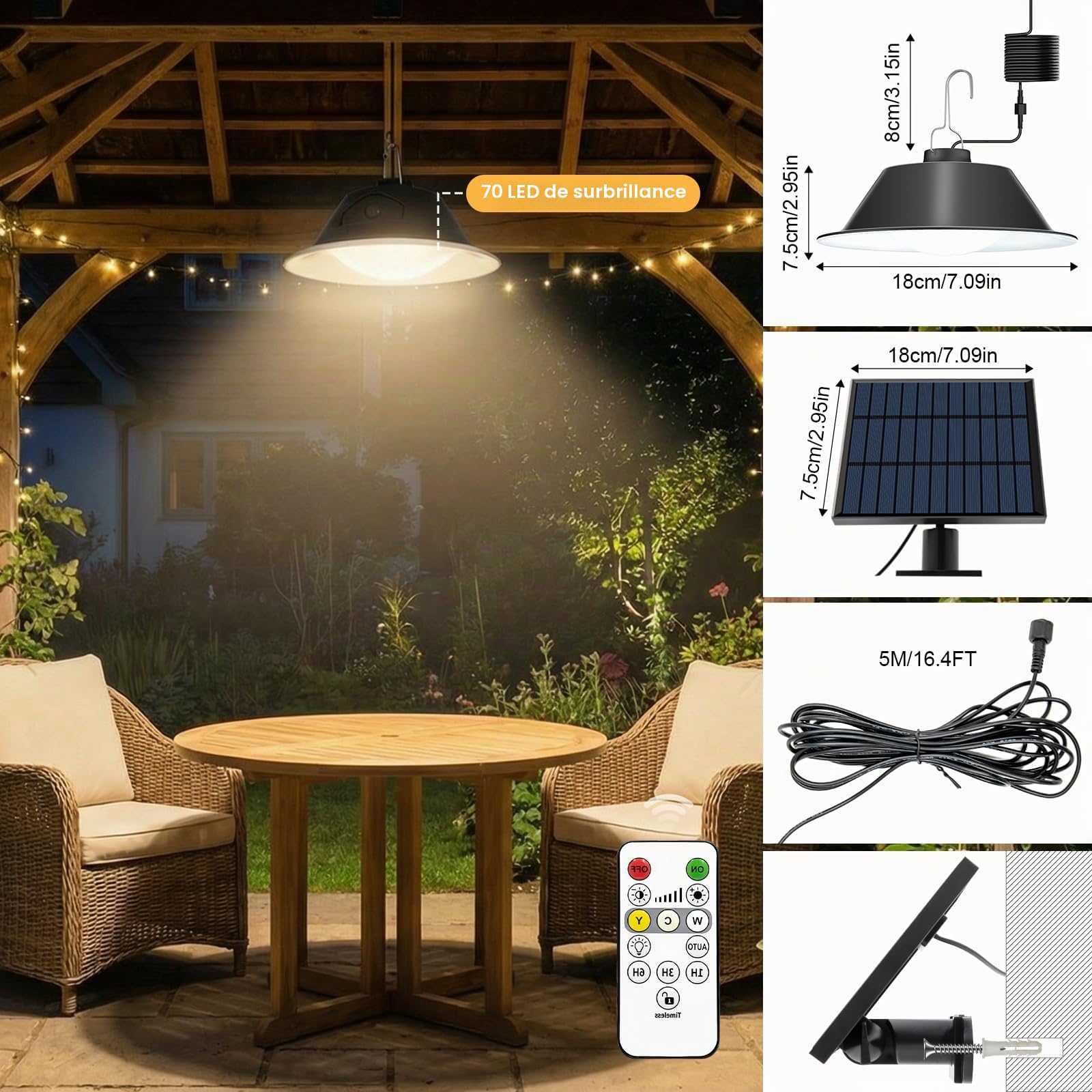 Lampe Solaire Extérieur Suspendue, 3 Températures de Couleur et 6 Niveaux de Luminosité avec Télécommande, Câble 5 Mètres pour Jardin Balcon Terrasse Garage Intérieur et Extérieur
