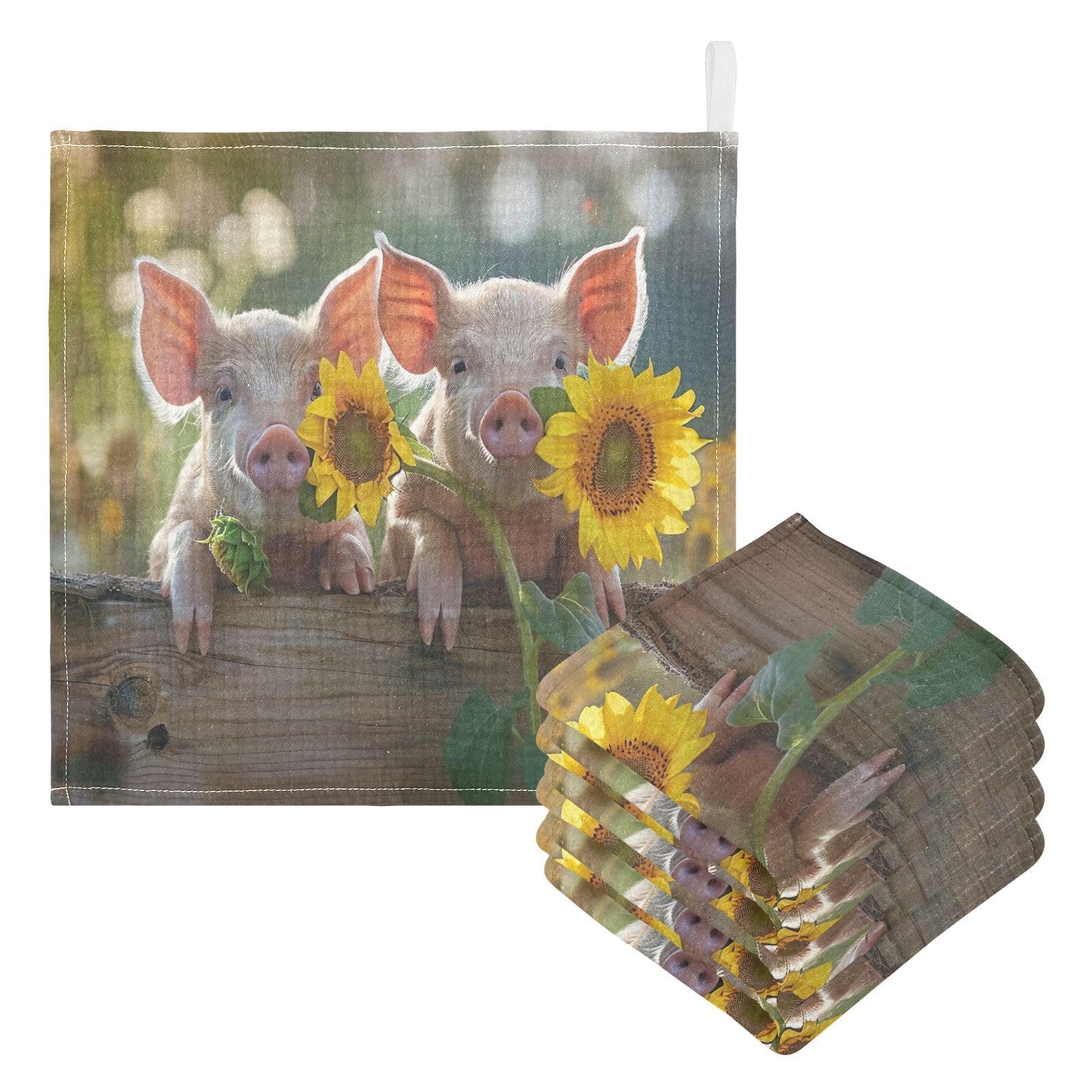 Qilmy Pig Sunflower Baby Washcloths 5 Pack, Absorbent Soft Cotton Newborn Muslin Washcloths Face Towels, 12 x 12 Inch