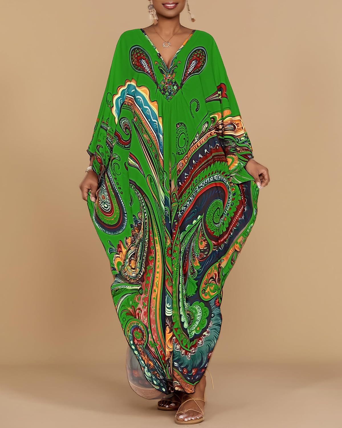 Bsubseach Kaftan Dresses for Women Ethnic Print Plus Size Beach Cover Ups Batwing Sleeve Caftans with Pockets