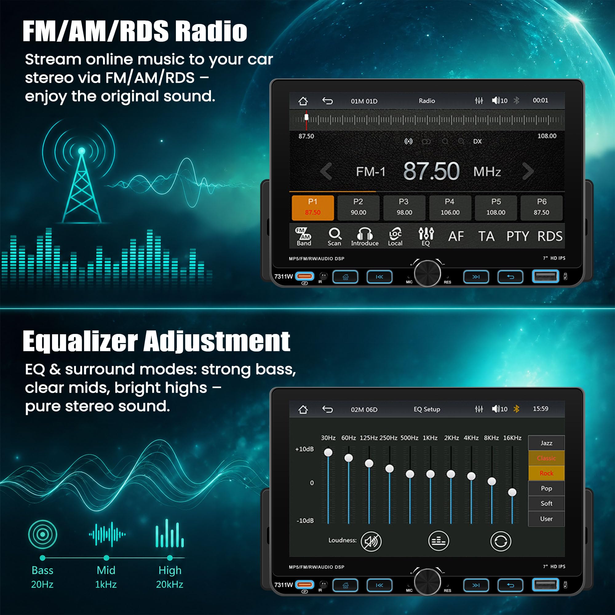 Wireless CARPLAY 1 DIN Autoradio avec Bluetooth Android Auto, 7'' IPS Ecran Tactile Car Play Voiture, 1 Din Bluetooth Radio avec Lien Miroir AM/FM/RDS MP5 USB SWC Rétroéclairage Couleur