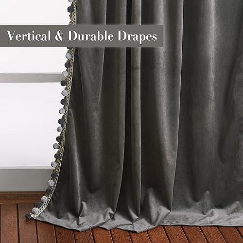Miniatura 9 de StangH Cortinas de terciopelo gris Juego de 2 paneles de cortinas de lujo con pompones para sala de estar, cortinas bohemias para oscurecer la
