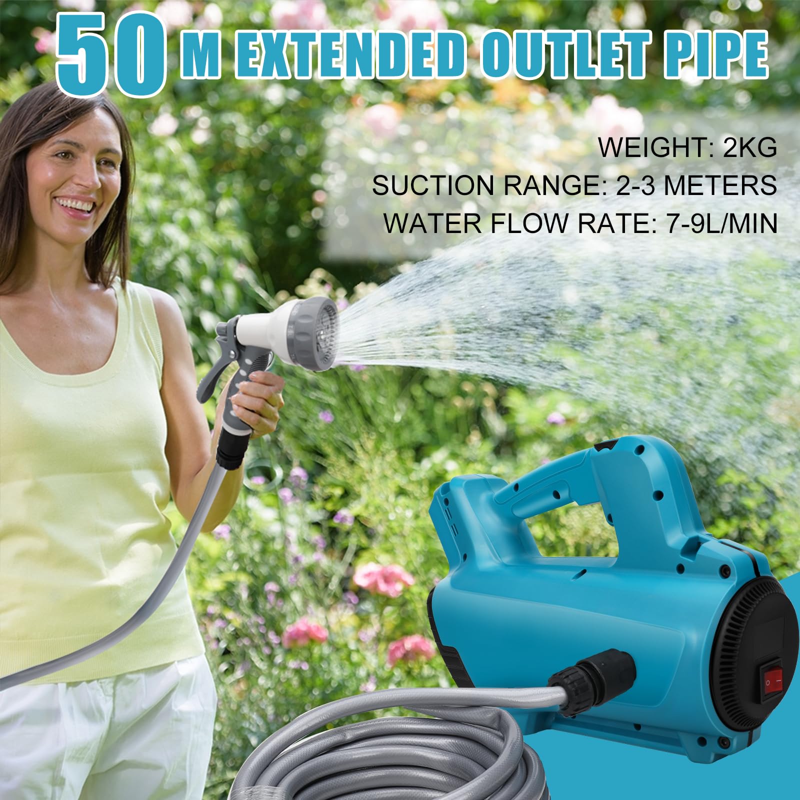 Bomba de agua compatible con batería Makita de 18 V, bomba de transferencia de batería, bomba de agua autocebante portátil, bomba de riego con tubo de salida de agua de 10 m, tubo de entrada de agua