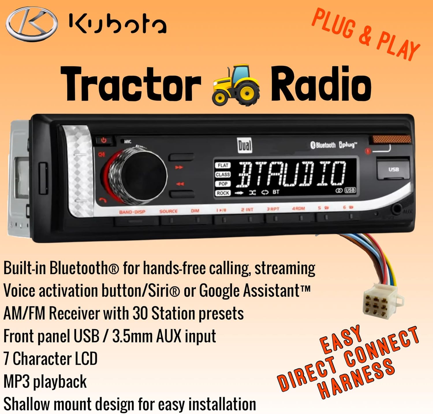 Kubota RTV RTX 1100 1100C B2650 Easy Direct Connect Harness No Wire Splicing Direct Plug & Play Tractor Radio Stereo Bluetooth FM VoiceUSB MP3 Heavy