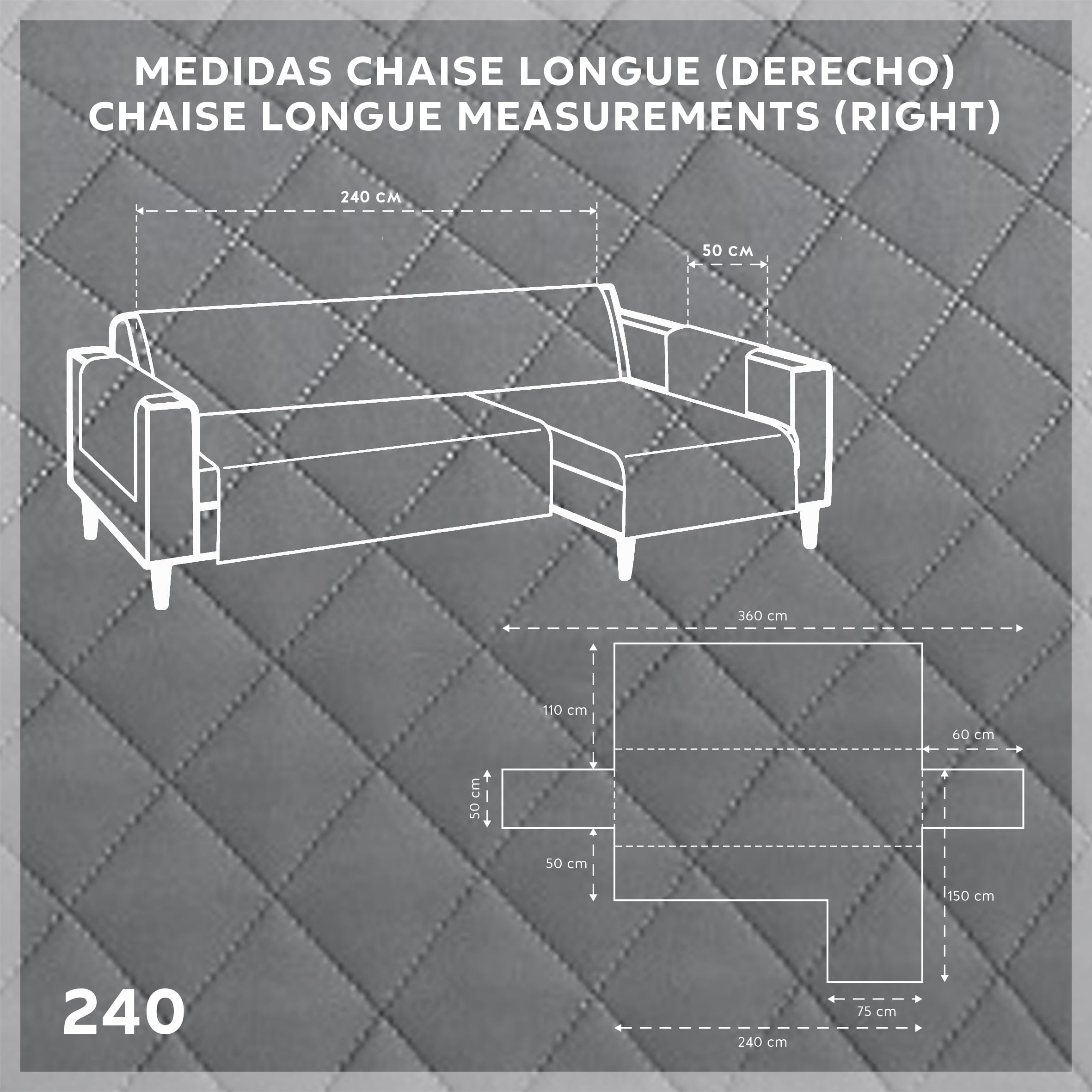 Textilhome Copridivano Chaise Longue con Penisola Malu 240cm – Salvadivano Trapuntato Universale con Bracciolo Destro, Protezione per Animali Domestici, Colore Grey (Visto da Davanti)