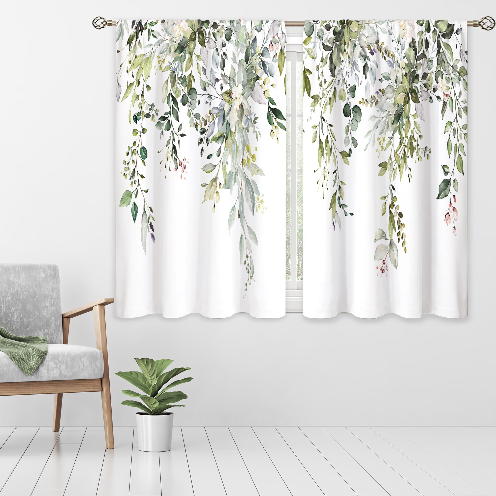 oolygoo TUKIMA Eucalyptus Leaves Watercolor Flower Window Treatments Curtains Wild Flower Pattern Window Treatments for Bedroom Living Room 2 Panels Sage Green 42x45 Inch — image 1