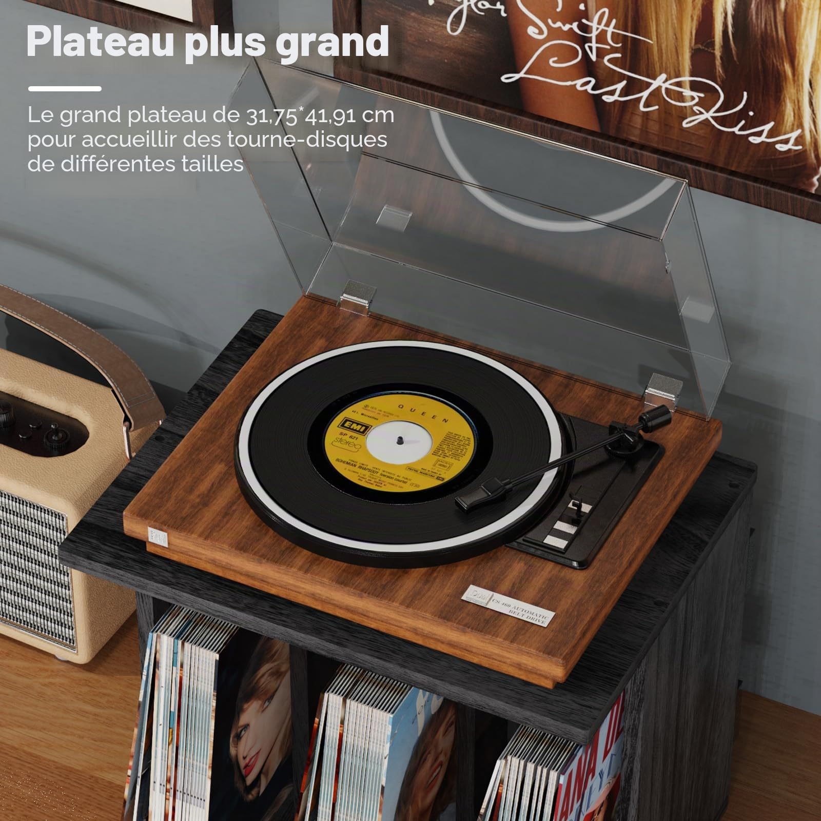 Rangement pour disques vinyles, support mural pour disques vinyles et support pour vinyles jusqu'à 100 albums, support pour disques vinyles à 3 compartiments pour salon ou studio (Noir)