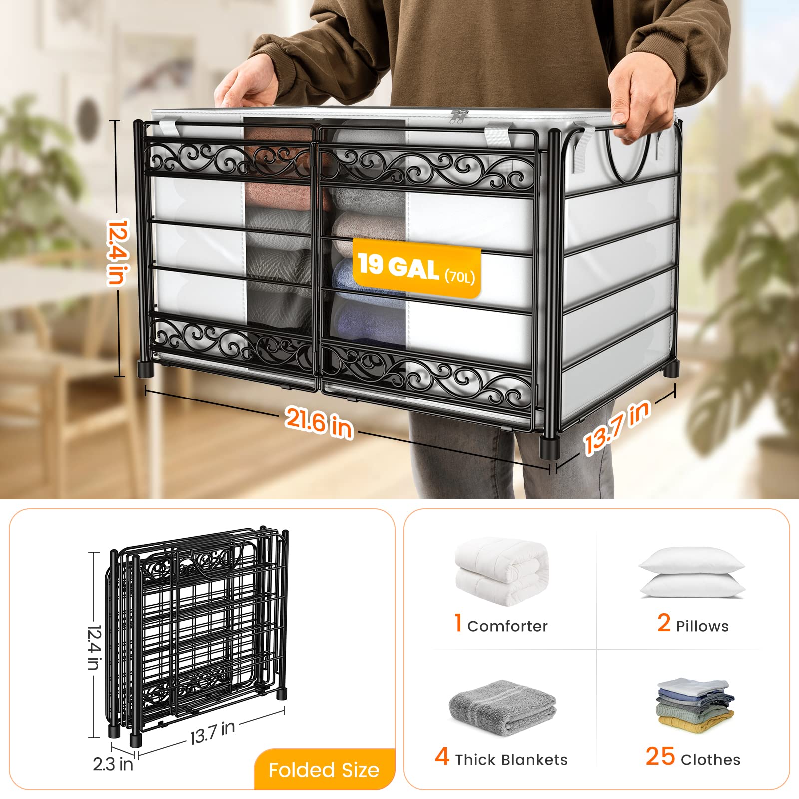 Clothes Storage Bins, Stackable Closet Storage Bins for Organization, Metal Clothes Storage Organizer Blanket Storage Bags With Reinforced Handle for Clothing, Blanket, Bedroom Storage-1 PCK(Black)