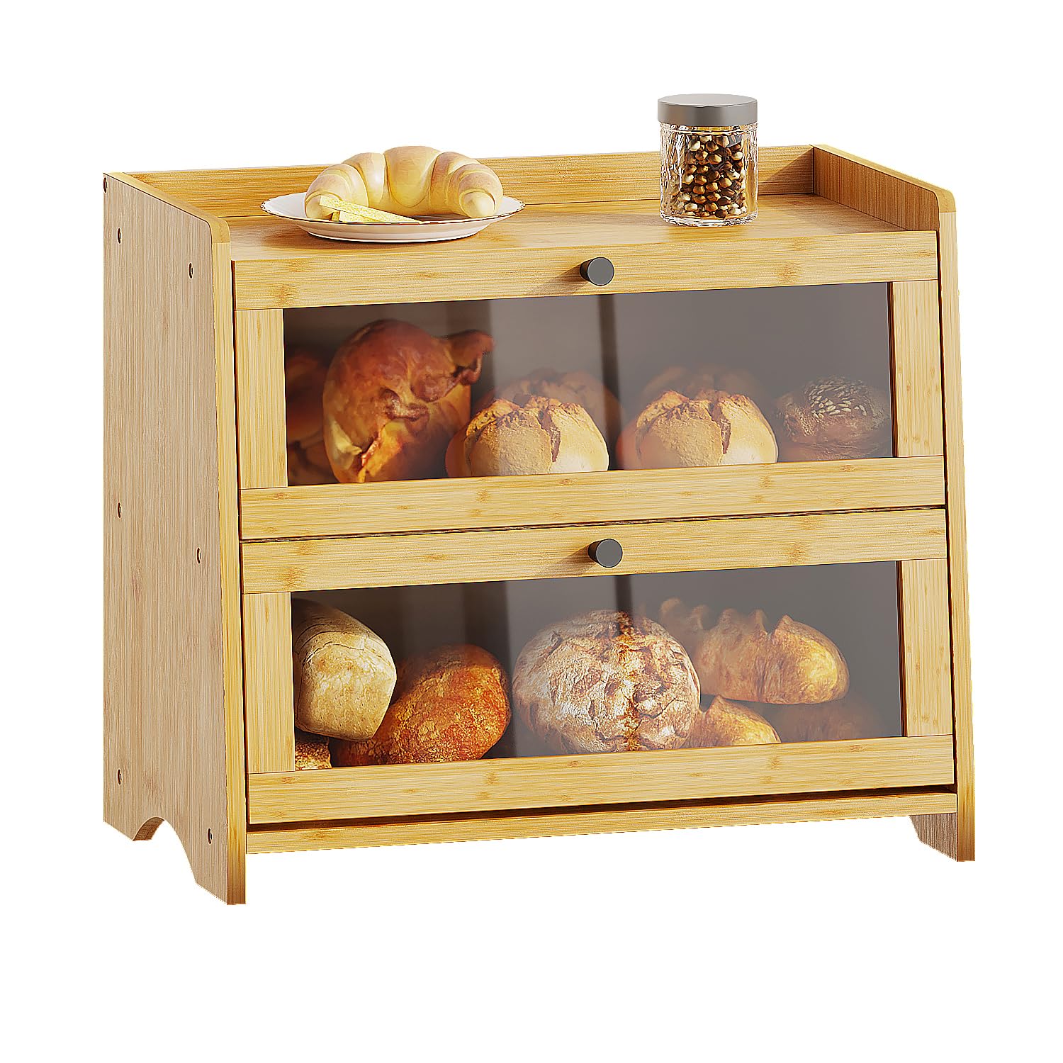 BAMBANG Bread Bin for Kitchen Countertop,Extra Large Bamboo Bread Box Storage Container for Homemade Bread, Double Layer Sourdough Breadbox,Wooden 2 Tier Bread Bin Organizer,Natural