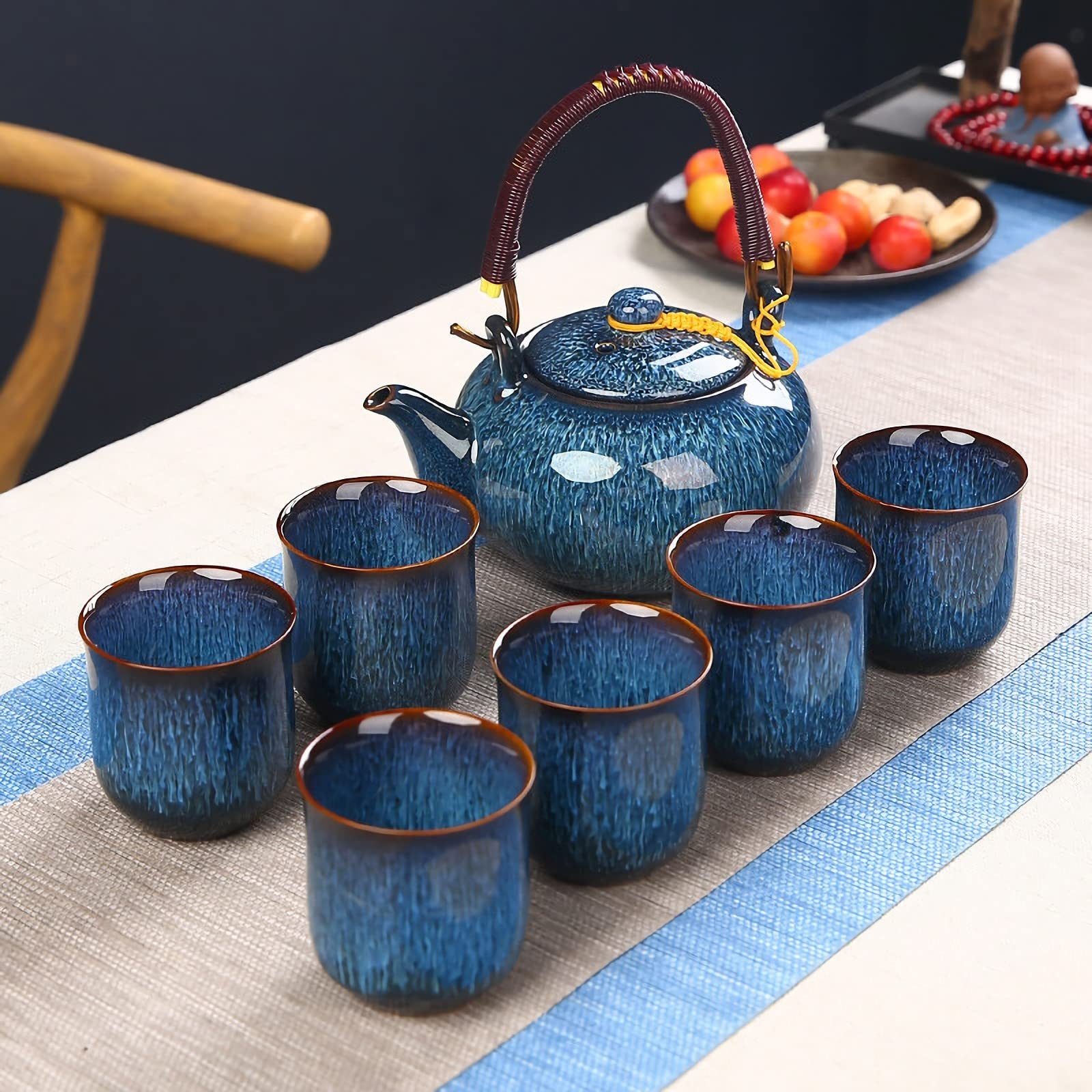 Service à thé chinois en céramique, théière de 600 ml et 6 tasses de 120 ml, service à thé kungfu changeant de four, théière asiatique pour les amateurs de thé, bleu