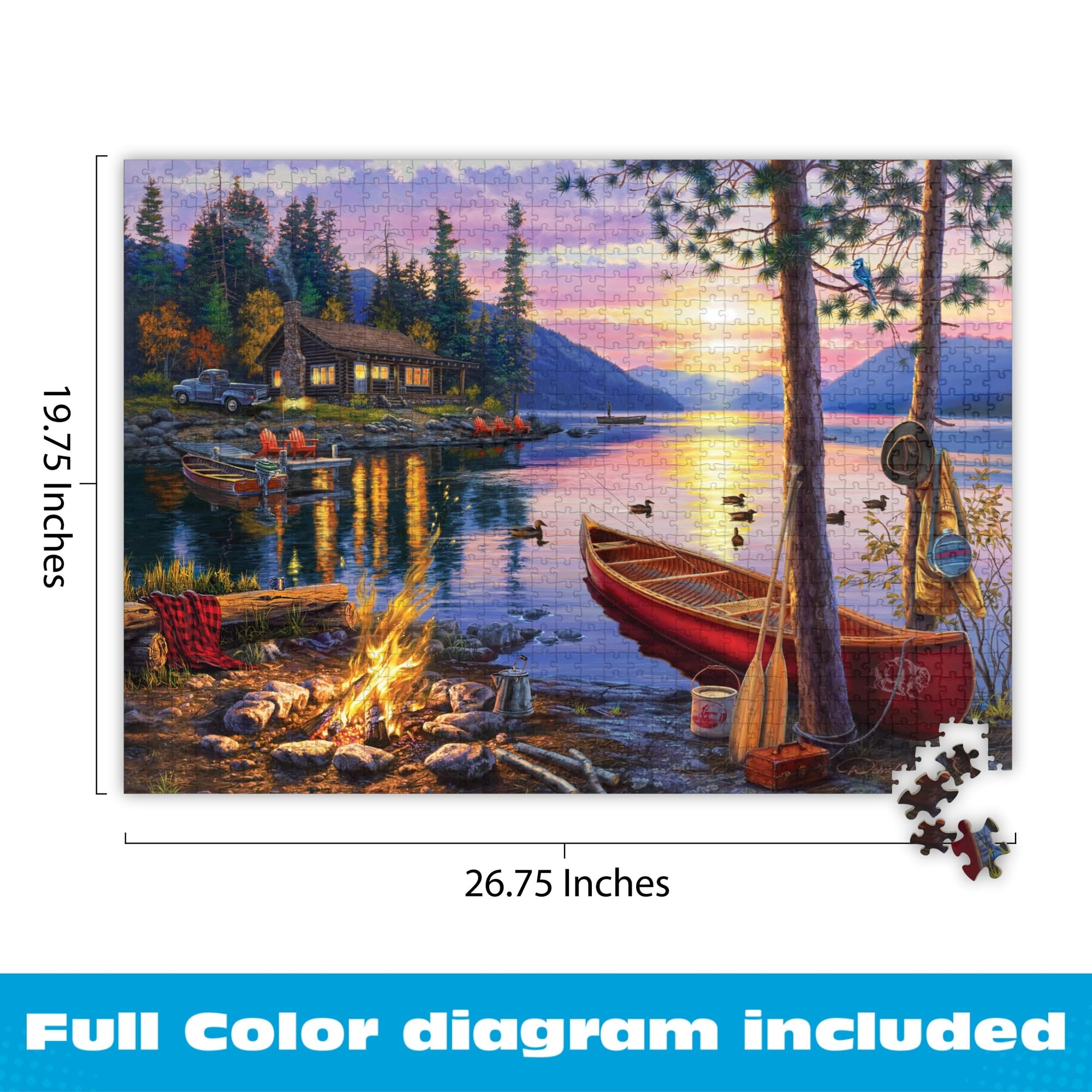 Buffalo Games - Canoe Lake 1000 Piece Puzzle for Adults - Jigsaw Puzzles – Darrell Bush Cabin Sunset Artwork with Poster – Challenging Outdoor Nature Scene