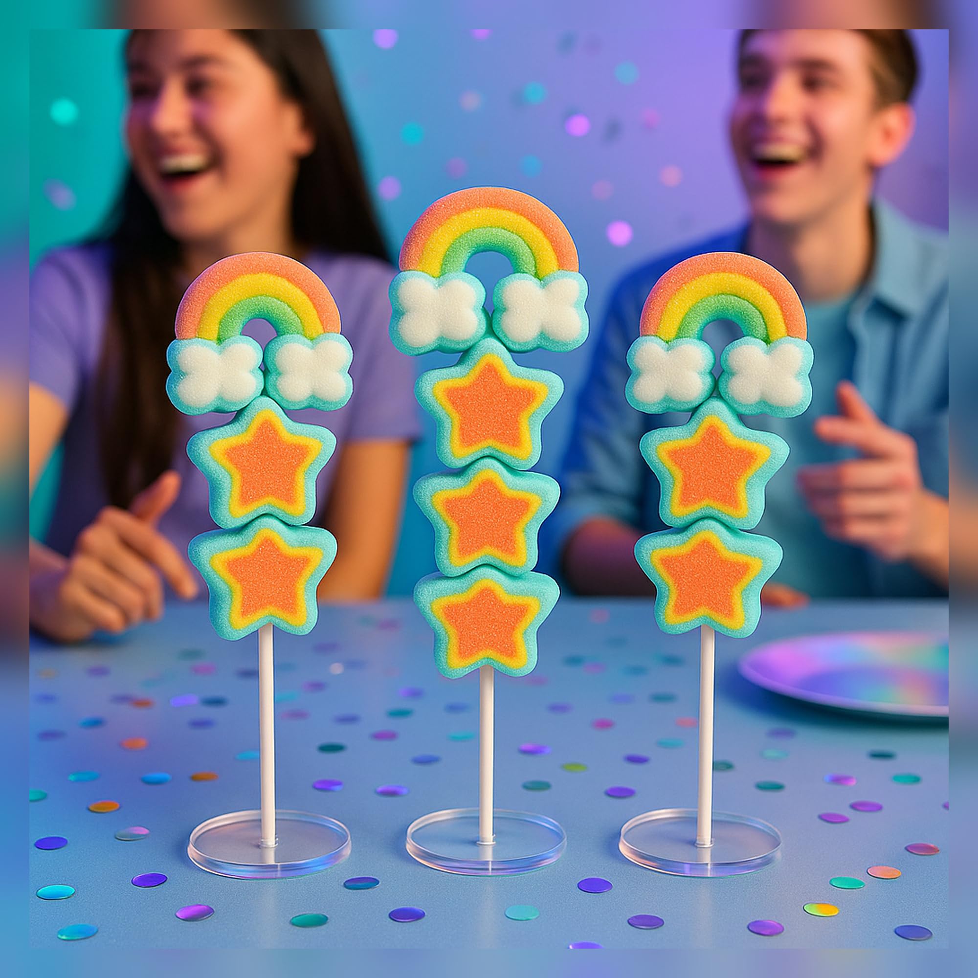 Primera Comunión Pinchos Estrellas con ArcoírisSabor Fresa, Sin Gluten, 16 Piruletas, 720 gr, Chuches para Mi Primera Comunión