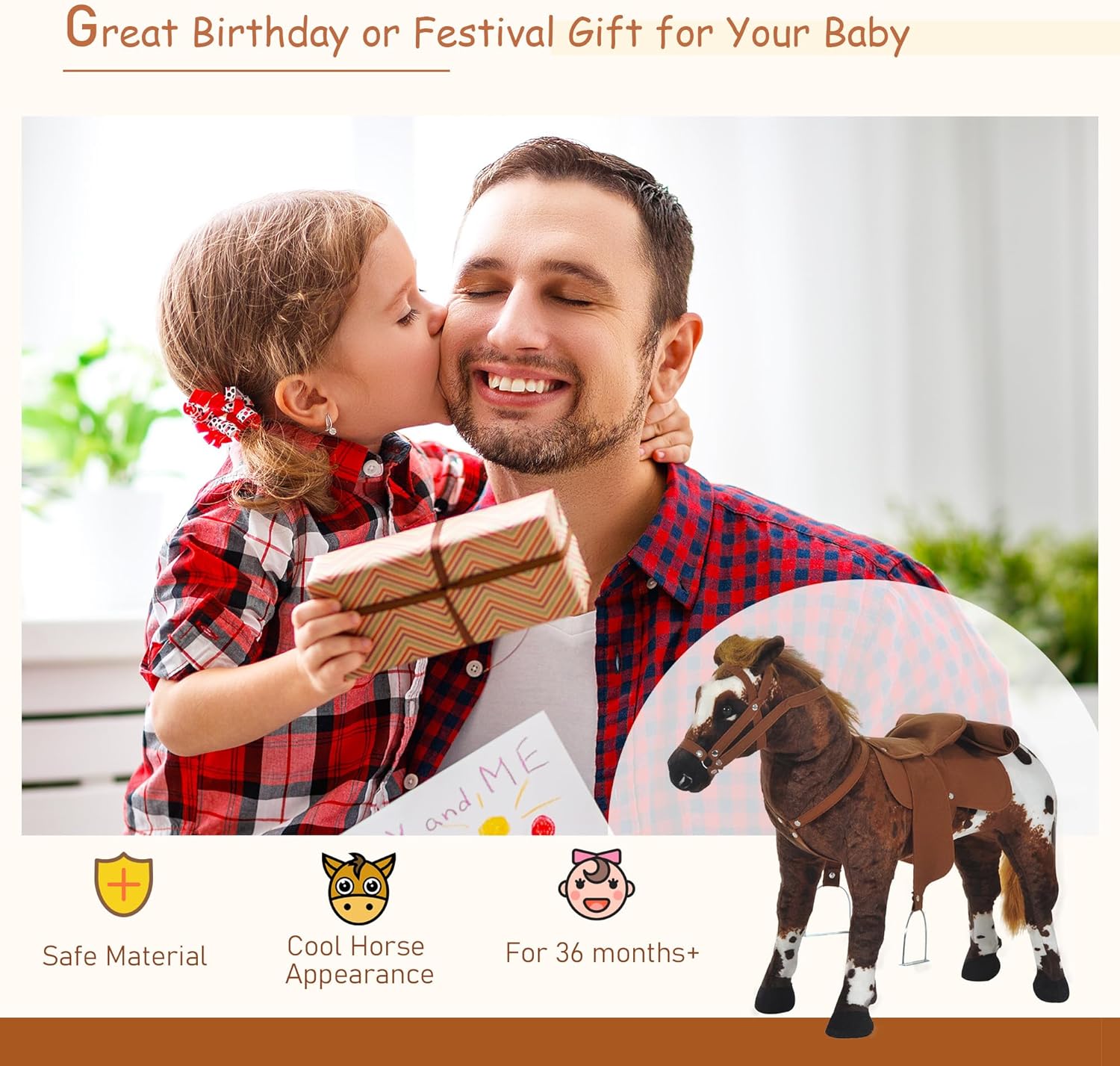 Qaba Sound-Making Ride On Horse for Toddlers 3-5, with Neighing and Galloping Sound, Stuffed Animal Horse Toy for Kids with Padding, Soft Feel, Brown