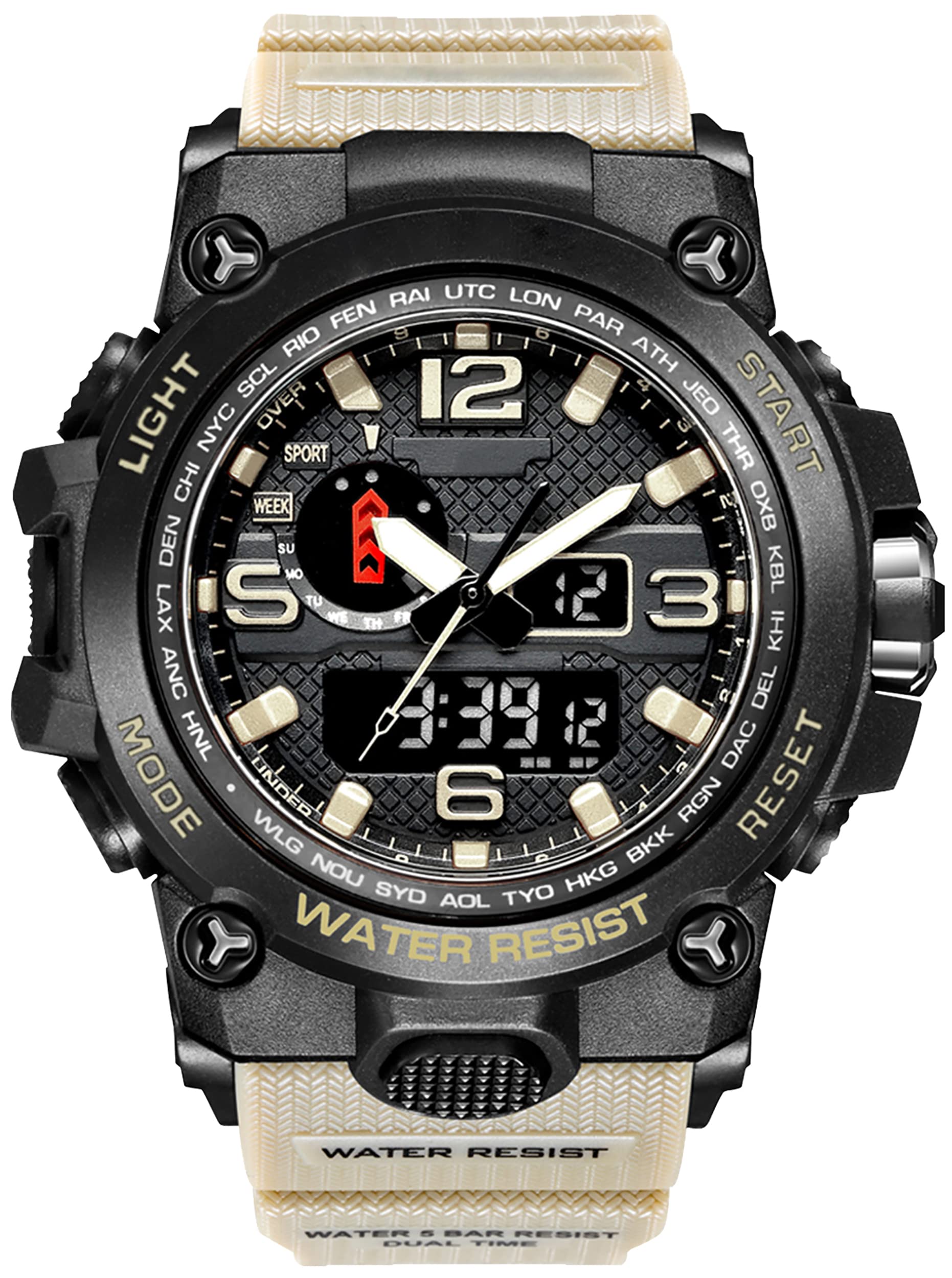 kieyeeno Hombre Reloj Digital Deportivo, Sumergible a 5 ATM Reloj de Pulsera Reloj Pulsera, Táctico Reloj Militar Multifuncional para Hombre Beige