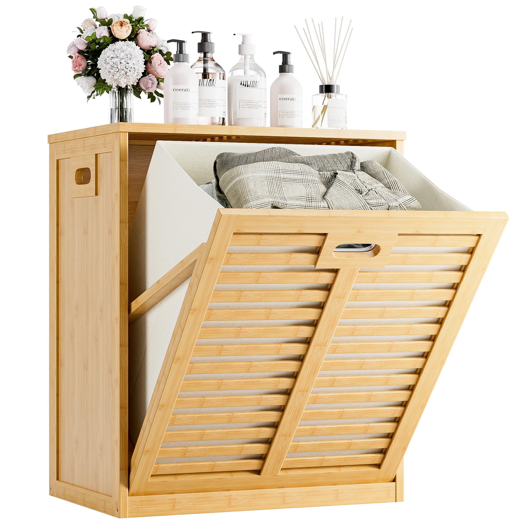 HITNET Tilt Out Laundry Hamper, Bamboo Laundry Cabinet with Hidden Removable Basket, Freestanding Clothes Storage organizer for Bedroom, Bathroom, Living Room, Natural