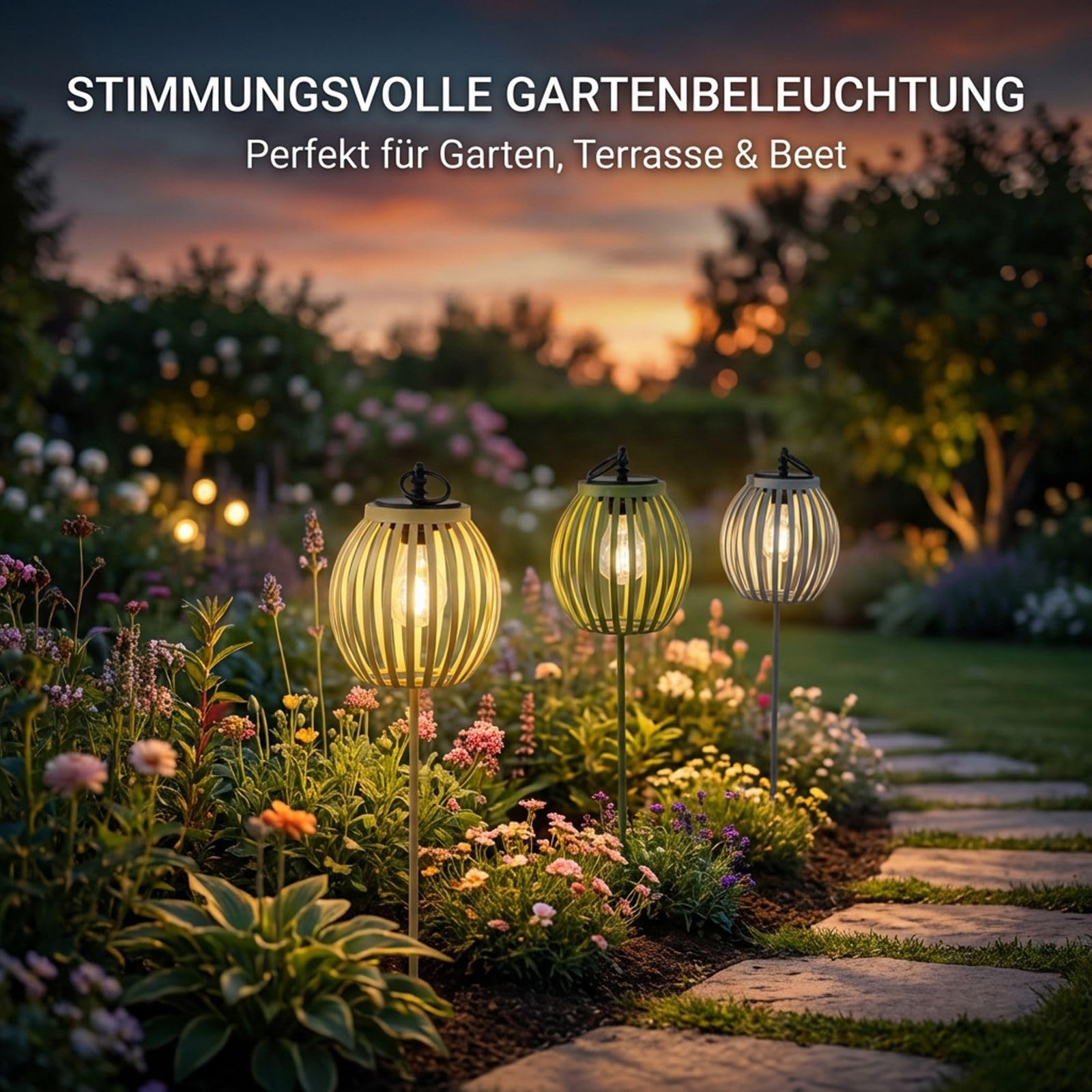 formano 3er Set Solar Gartenstecker Windlicht Solarleuchten mit LED-Birne & Dämmerungssensor Metall Gartenbeleuchtung IP44 für Garten Beet & Terrasse dekorative Solar Lampen Höhe 85 cm Ø16 cm