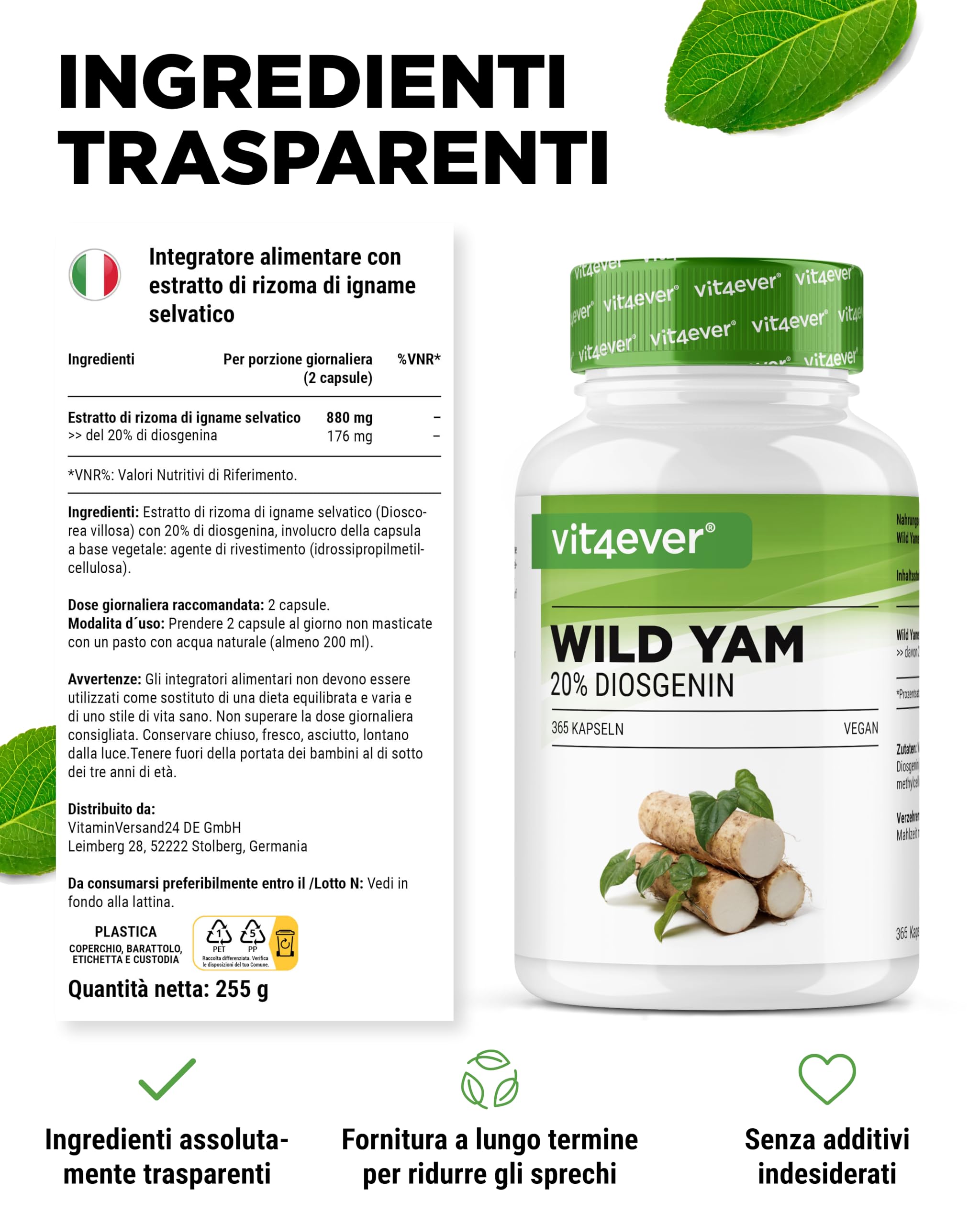 Estratto di radice di igname selvatico - 365 capsule - Radice di igname selvatico originale messicano - Dosaggio elevato con 880 mg di estratto (compresi 176 mg di diosgenina) per dose giornaliera