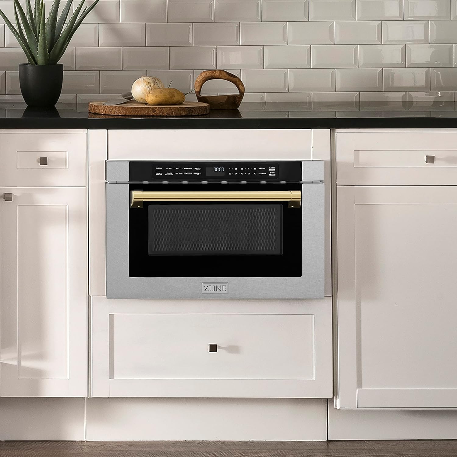 ZLINE Autograph Edition 24" 1.2 cu. ft. Built-in Microwave Drawer with a Traditional Handle in Fingerprint Resistant Stainless Steel and Gold Accents