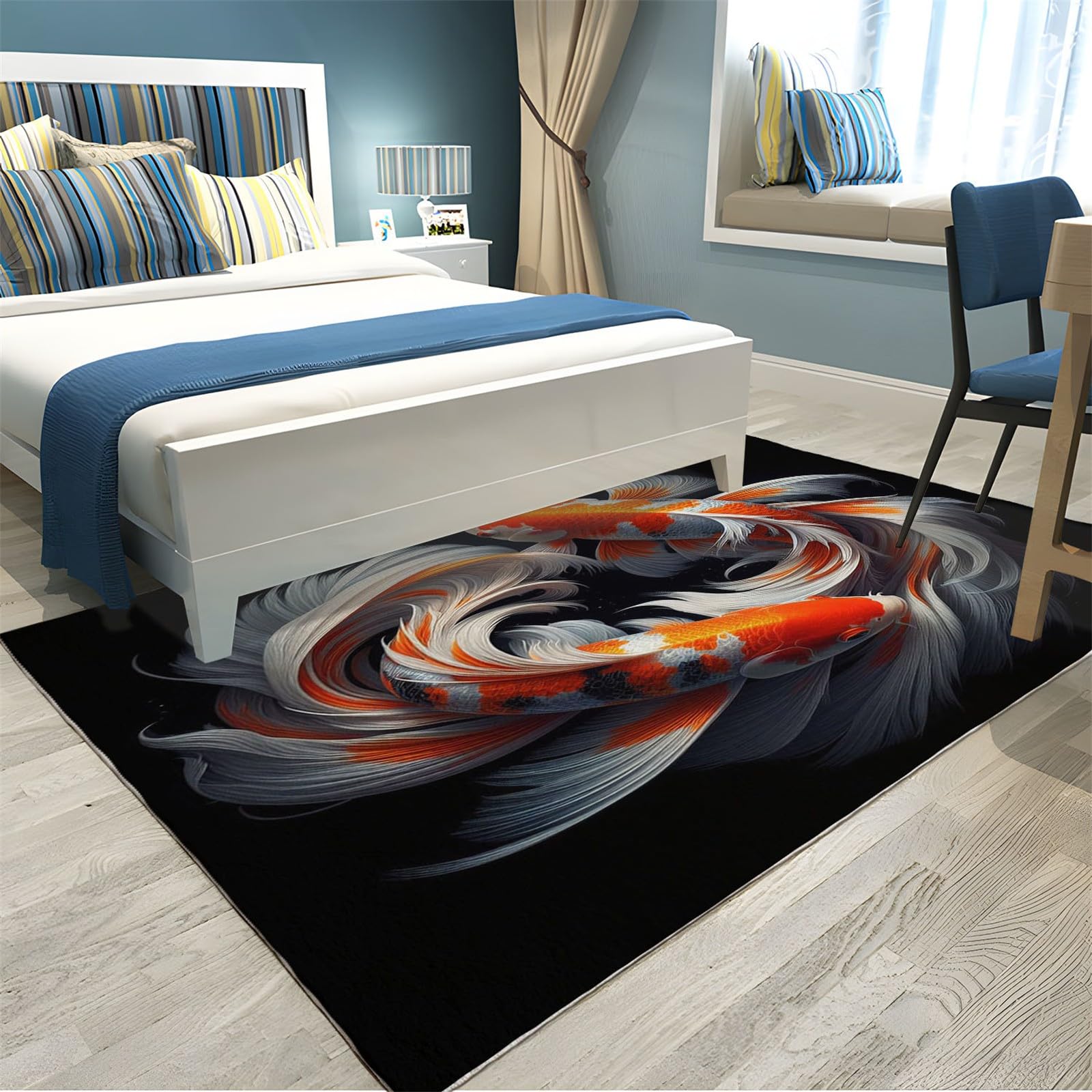 Tapis Salon ModèLe de Poisson Koi de Style Japonais Tapis Poils Courts Flanelle Moelleux à Doux, 80 x 150 cm Moquette antidérapant Lavable pour Chambre Decoration - Entretien Facile, Noir