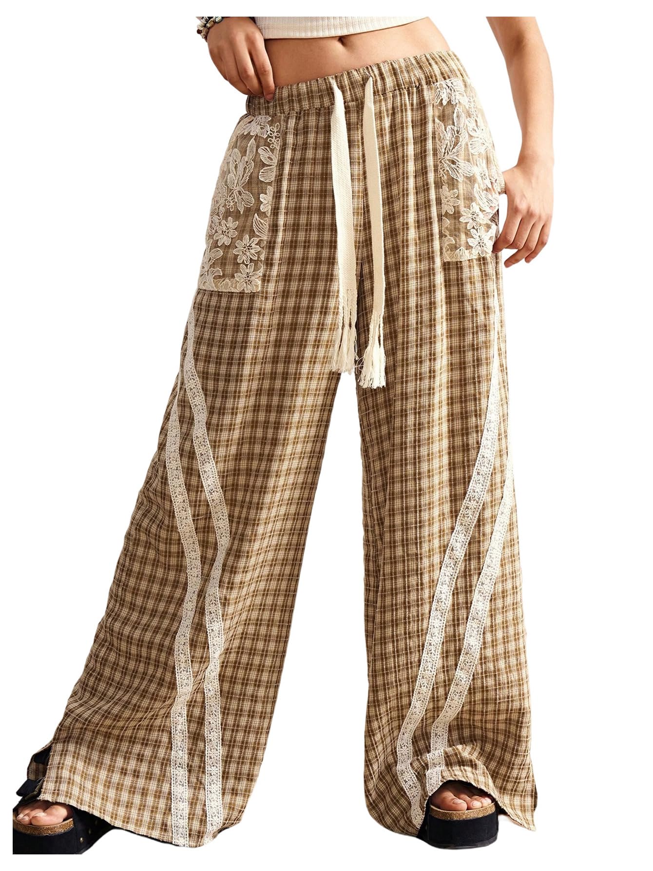 Womens Gingham Wide Leg Pants Elastic Waist Stripe Baggy Pants Floral Lace Casual Plaid Trousers with Pockets