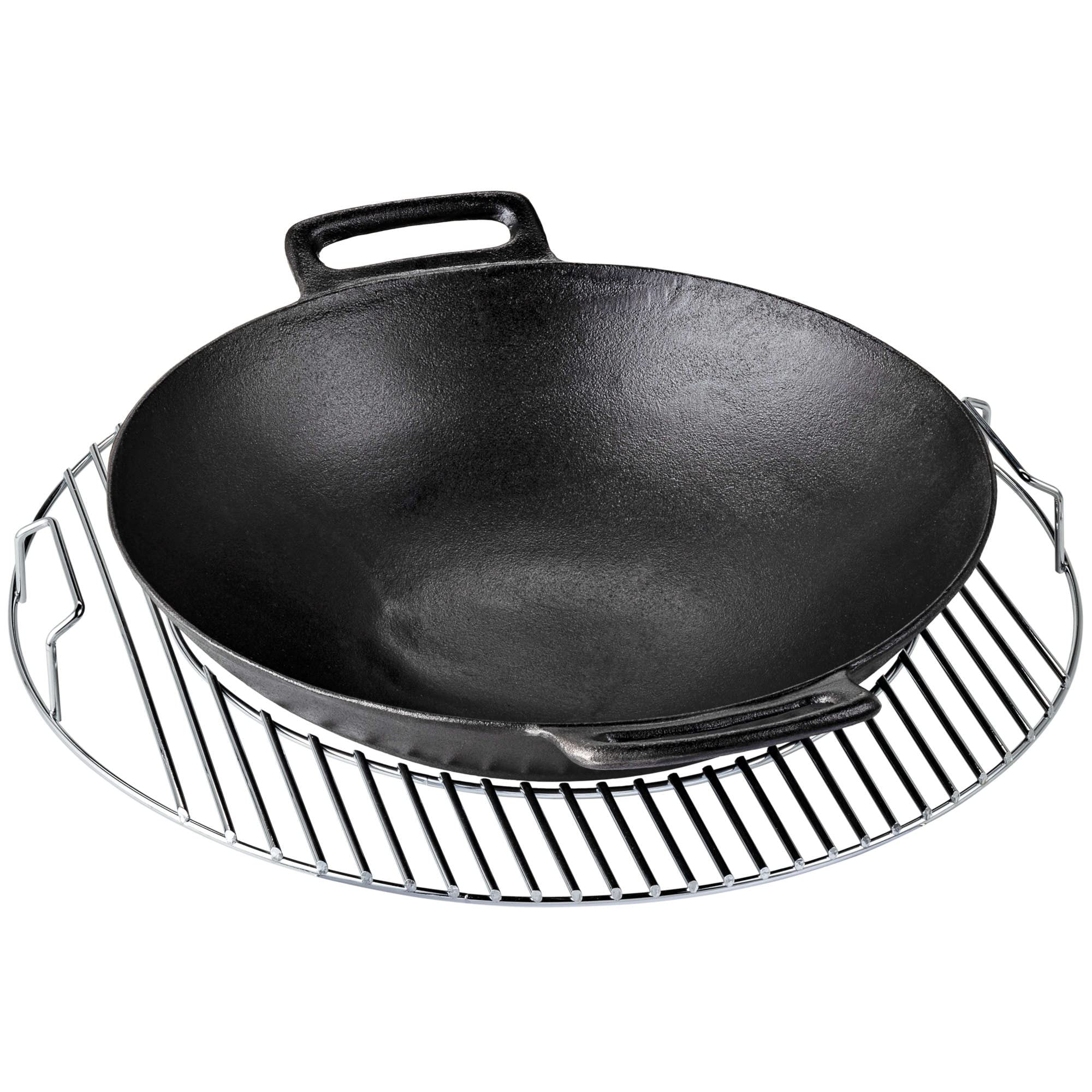 FLAMMBURO BBQ SYSTEM Wok Ø 36 cm – Ghisa con rivestimento smaltato in porcellana – Per verdure e carne – Diametro 36 cm – Compatibile con sistemi di barbecue standard di mercato di noti produttori