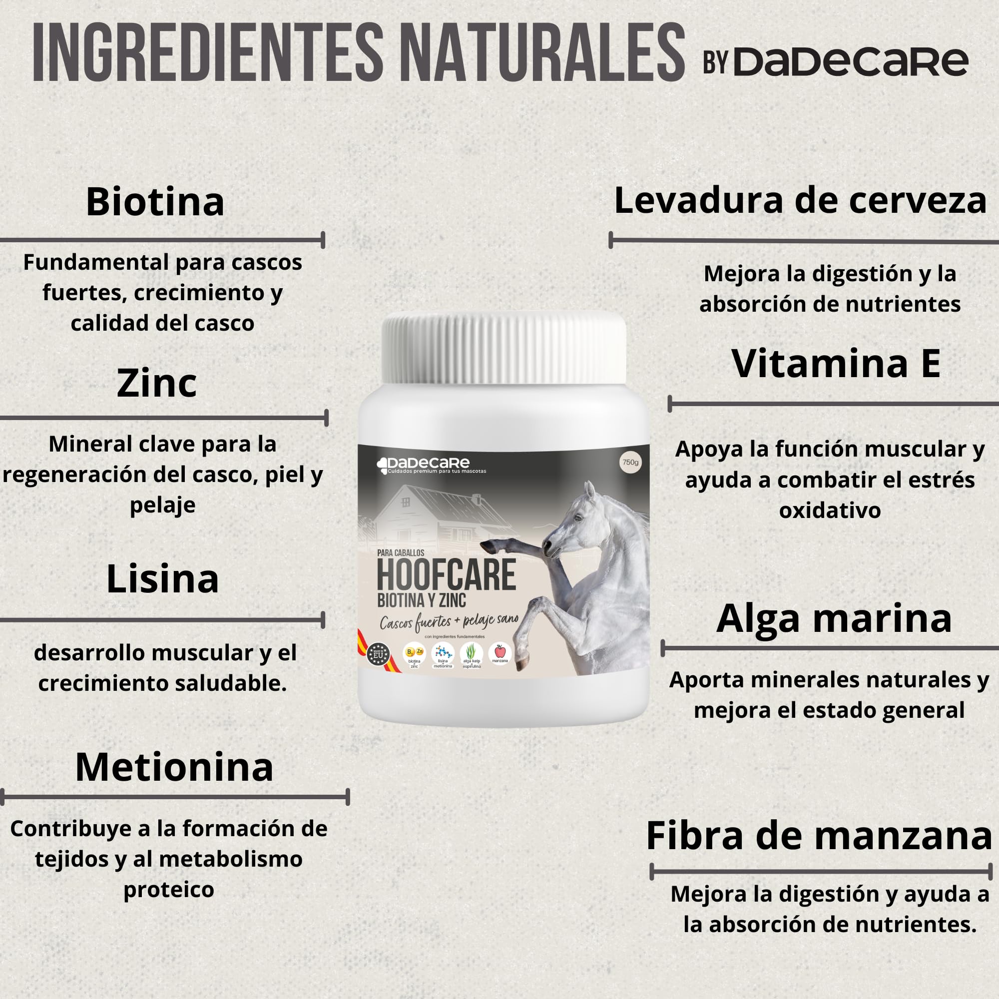 Hoofcare - Biotina y Zinc para Cascos Caballo 750g – Casco Fuerte y Crecimiento Natural – Ideal para Cascos Frágiles, Cambio de Pelaje y Caballos Deportivos – Cuidado Pezuñas, Piel y Pelaje Equino