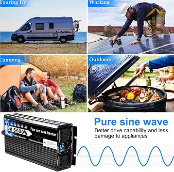 72V to 110V Pure Sine Wave Inverter, 5000W Split Phase Car Power Inverter, 12V 24V 48V 60V 72V DC to 110V/220V AC Converter for RV, Truck, Outdoor with 2 AC Outlets LCD Display