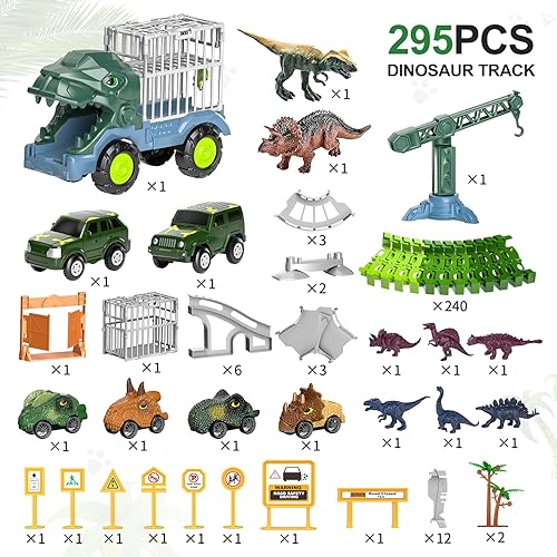 Miniatura 6 de Locomoto 295 piezas de juguetes de dinosaurios pistas de carreras, crea una carrera de carretera mundial de dinosaurios, juego de pista flexible con