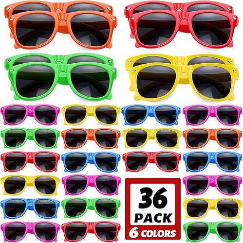 GINMIC Gafas de sol para niños a granel, paquete de 36 lentes de sol para niños, regalos de fiesta, lentes de sol neón para niños y niñas, gran
