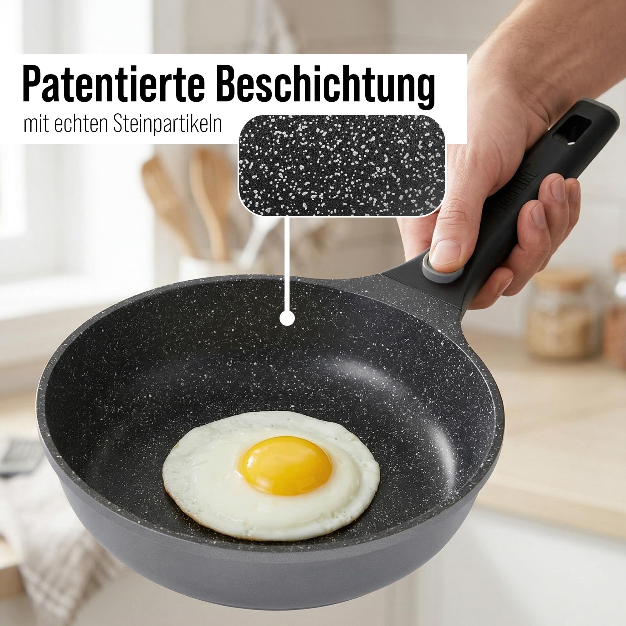 STONELINE SMART Juego de Sartenes 2 Piezas 24/28 cm, Sartén Grande Aluminio Fundido, Mango Desmontable, Sartén Inducción, Todo Tipo de Cocinas, Antiadherente con Partículas de Piedra Reales, Gris