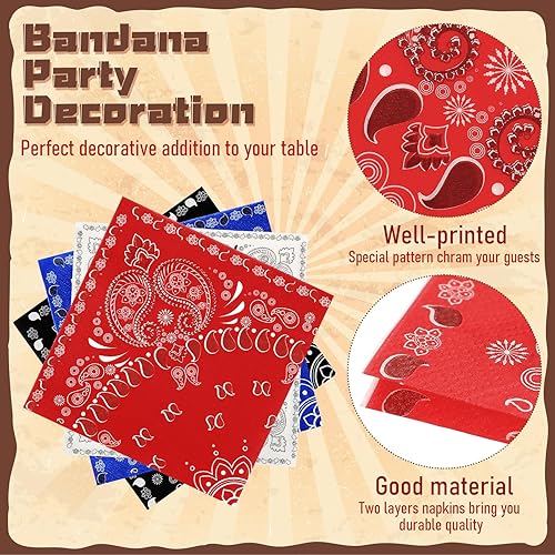 Miniatura 2 de Teling 100 servilletas tipo bandana de 2 capas desechables con estampado de cachemira, para fiesta temática de vaquero occidental, cumpleaños, Rodeo