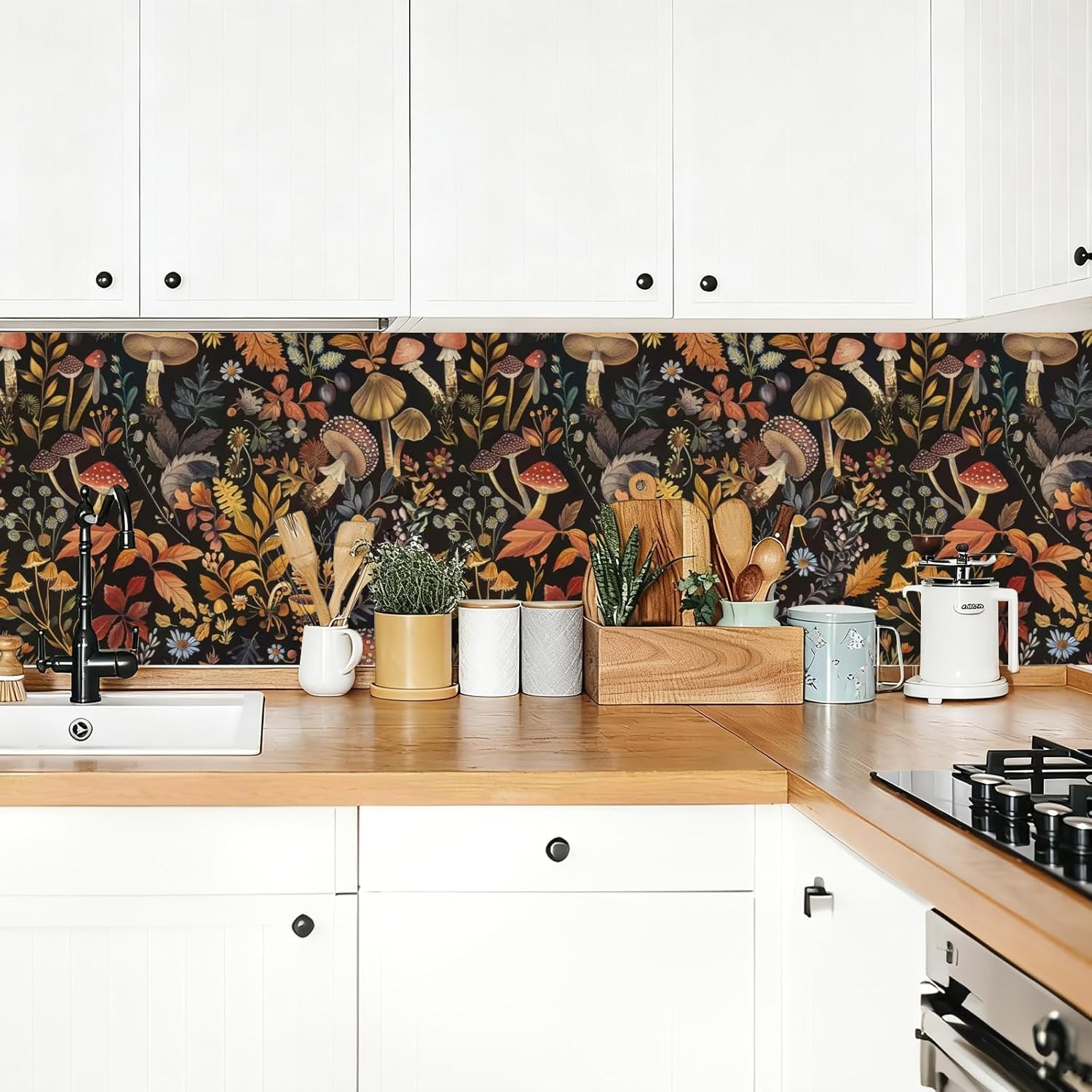 Fantastic mushroom Peel and Stick Wallpaper Contact Paper Removable Black Golden Botanical Floral Wall Paper Boho Vinyl Easy Peel Self Adhesive off Wallpaper for Bedroom Cabinet Room 17.71”x118.1”