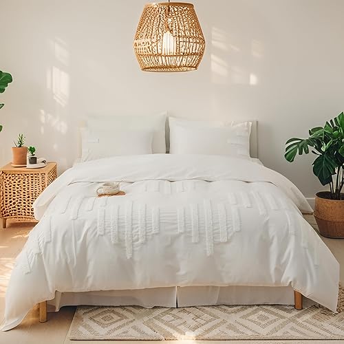 Miniatura 20 de Simple&Opulence Juego de funda de edredón 100% algodón Boho copetudo tamaño Queen, funda de edredón bordada texturizada color azul marino con 2