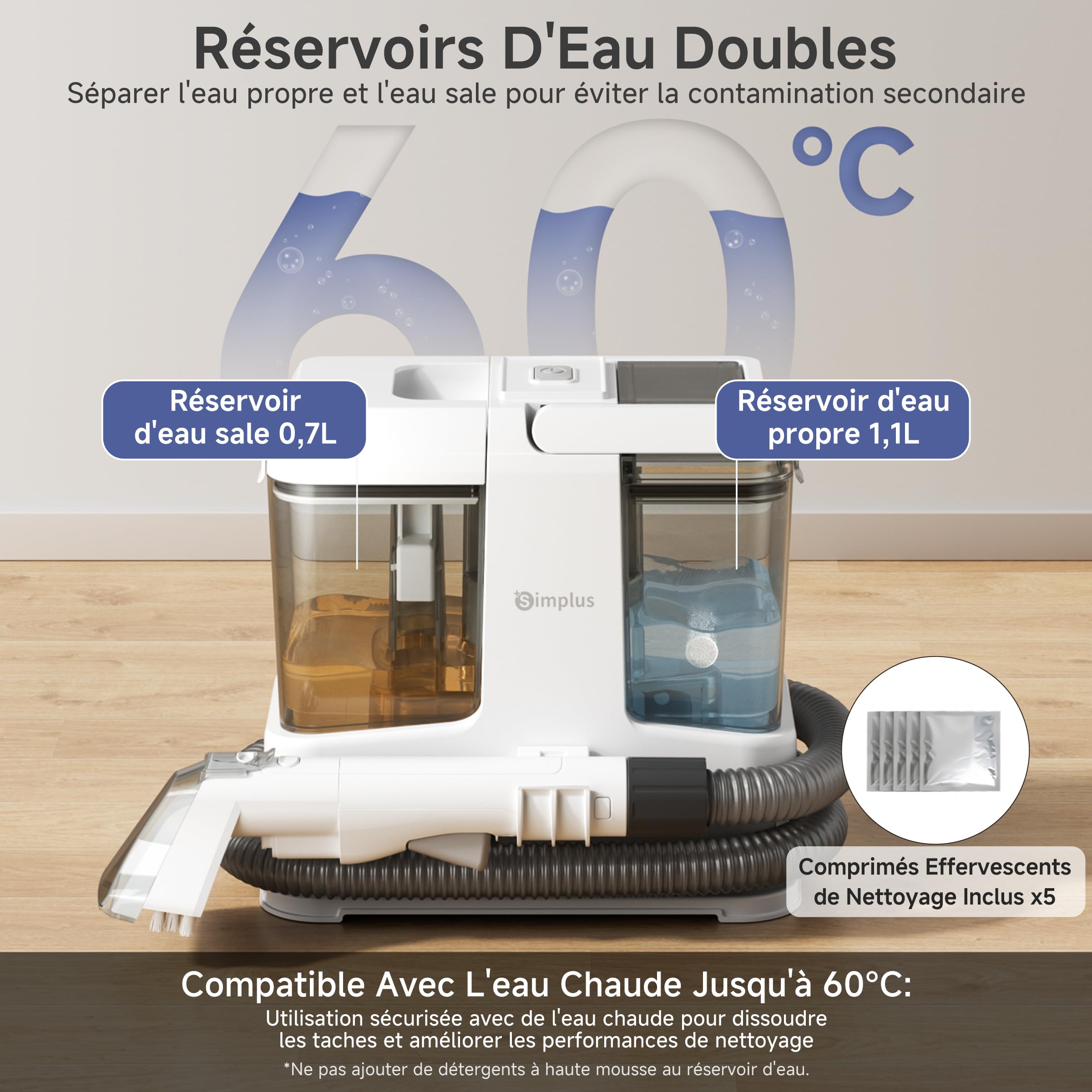 SIMPLUS Shampouineuse Canapé avec Fonction Autonettoyante, Nettoyeur Tissus Puissant 15000Pa, Idéal pour Poils d’Animaux, Nettoyeur Tapis/Matelas/Voiture/Moquettes, Réservoir Double
