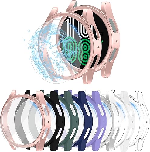 Paquete 8+8 Protector de pantalla y funda para Samsung Galaxy Watch 54 de 1.732 in, película protectora de vidrio templado antivaho y antiarañazos y