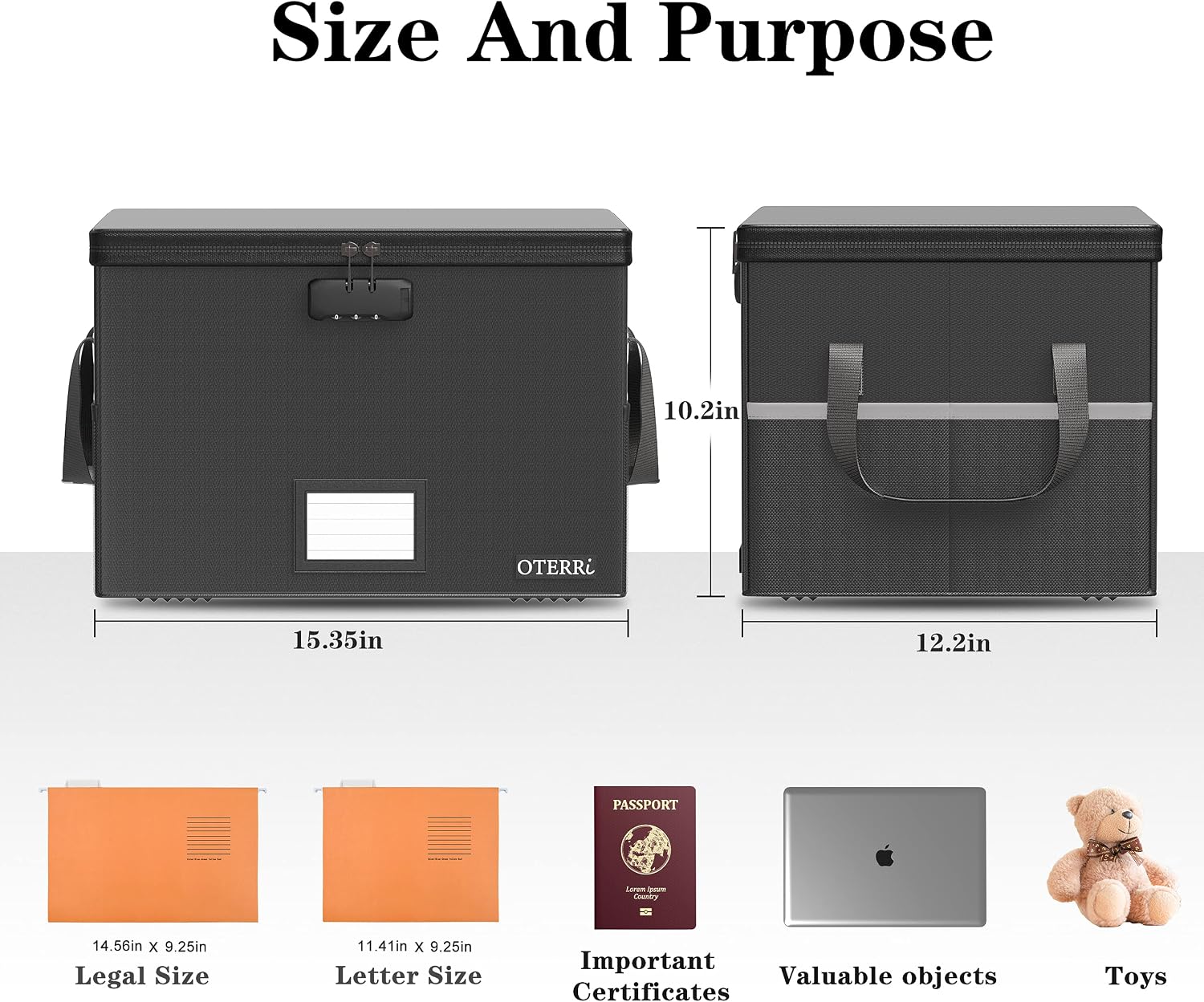 Oterri File Box with Lock, Fireproof Document Box, File Storage Organizer,Waterproof File Box Filing Box with Handle,Portable Home Office Safe Box for Hanging Letter/Legal,Black(15.35×12.2×10.2 inch)