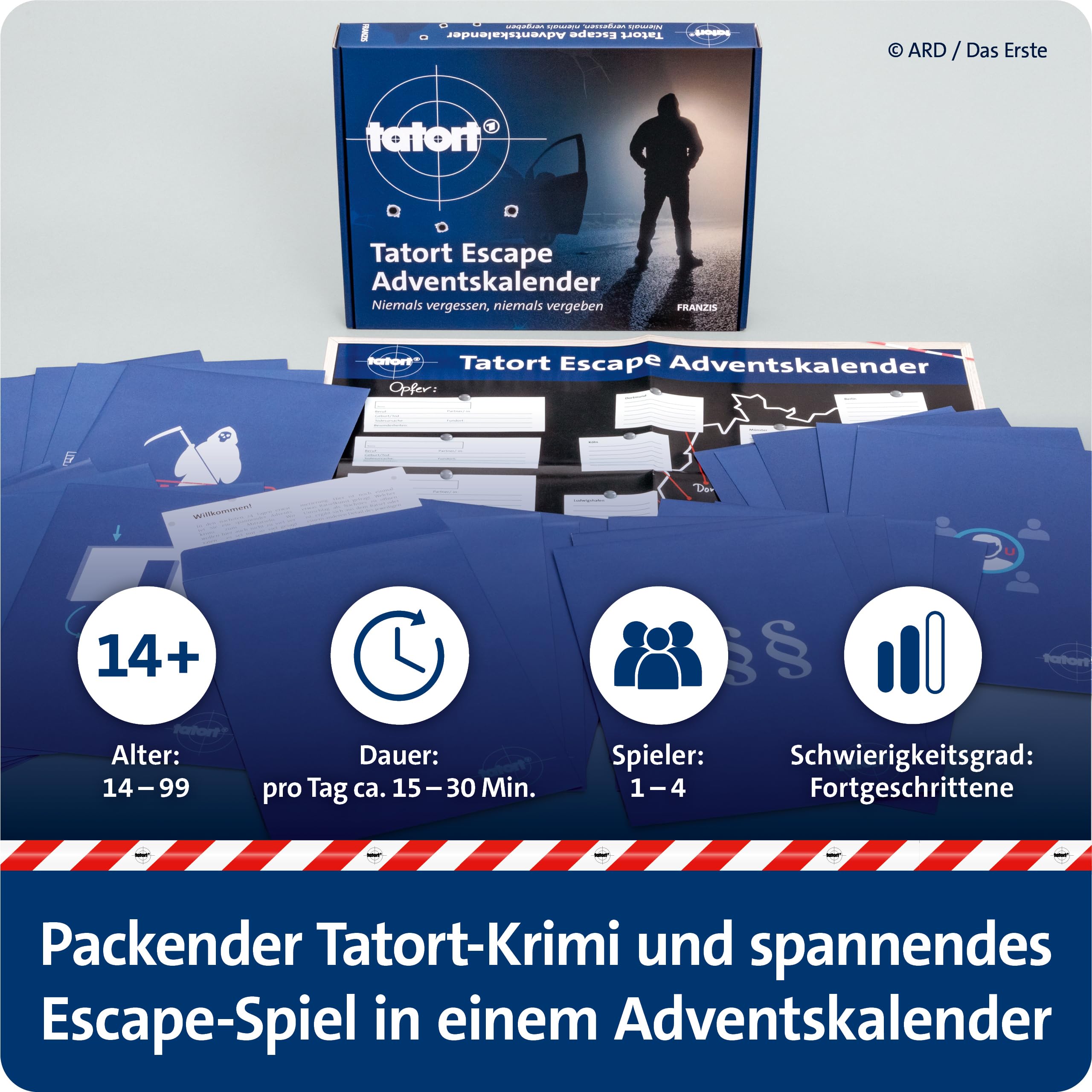 FRANZIS 67227 - Tatort Escape Adventskalender: Niemals vergessen, niemals vergeben, Escape Room mit 24 spannenden Rätseln für die Adventszeit