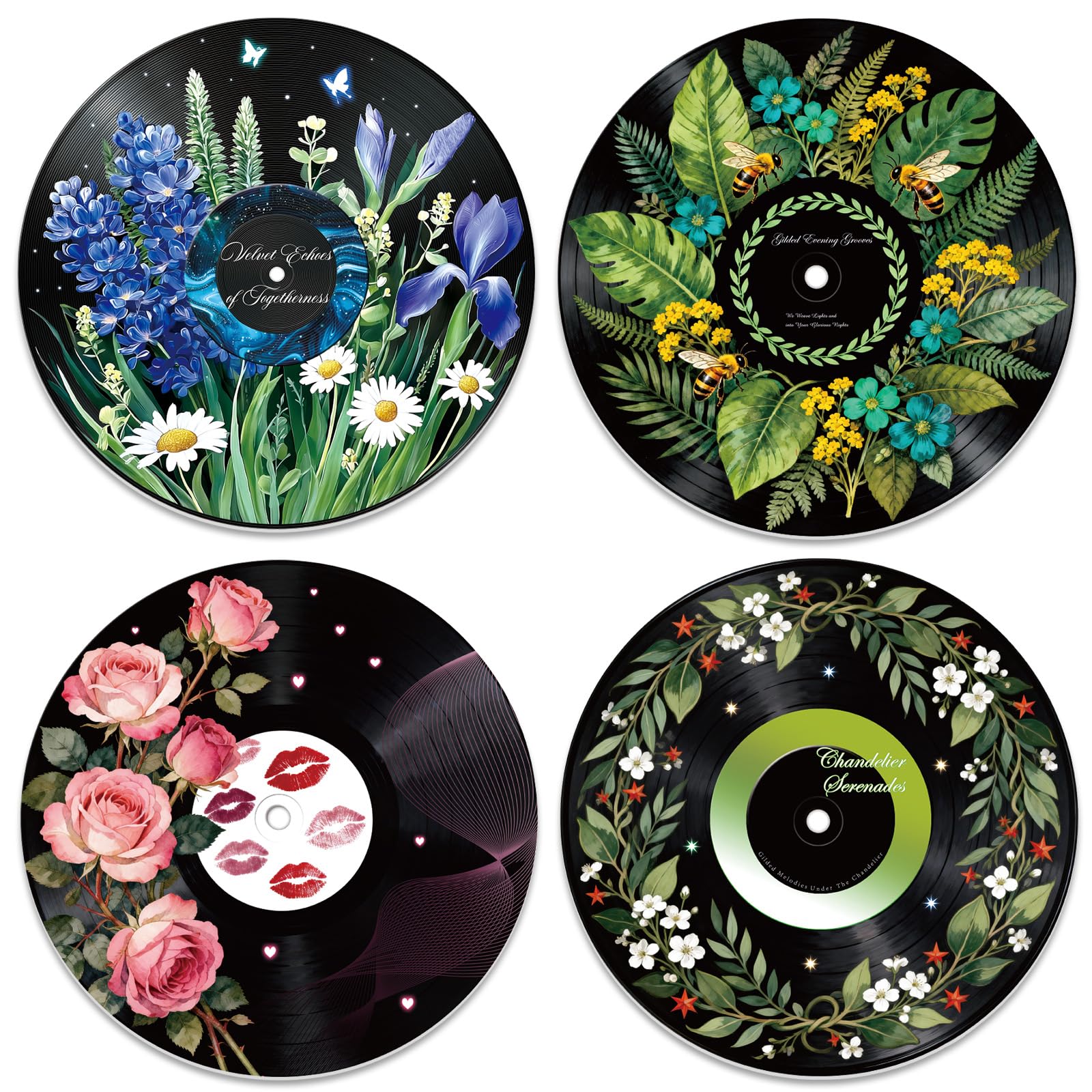 DOODLREAM 4Pcs Wildflower Botanical Vinyl Record Wall Decor 30 cm Floral Bee Rose Wall Art Posters for Room Aesthetic, Retro Record Decor for Music Party Studio Living Room DIY Craft Project