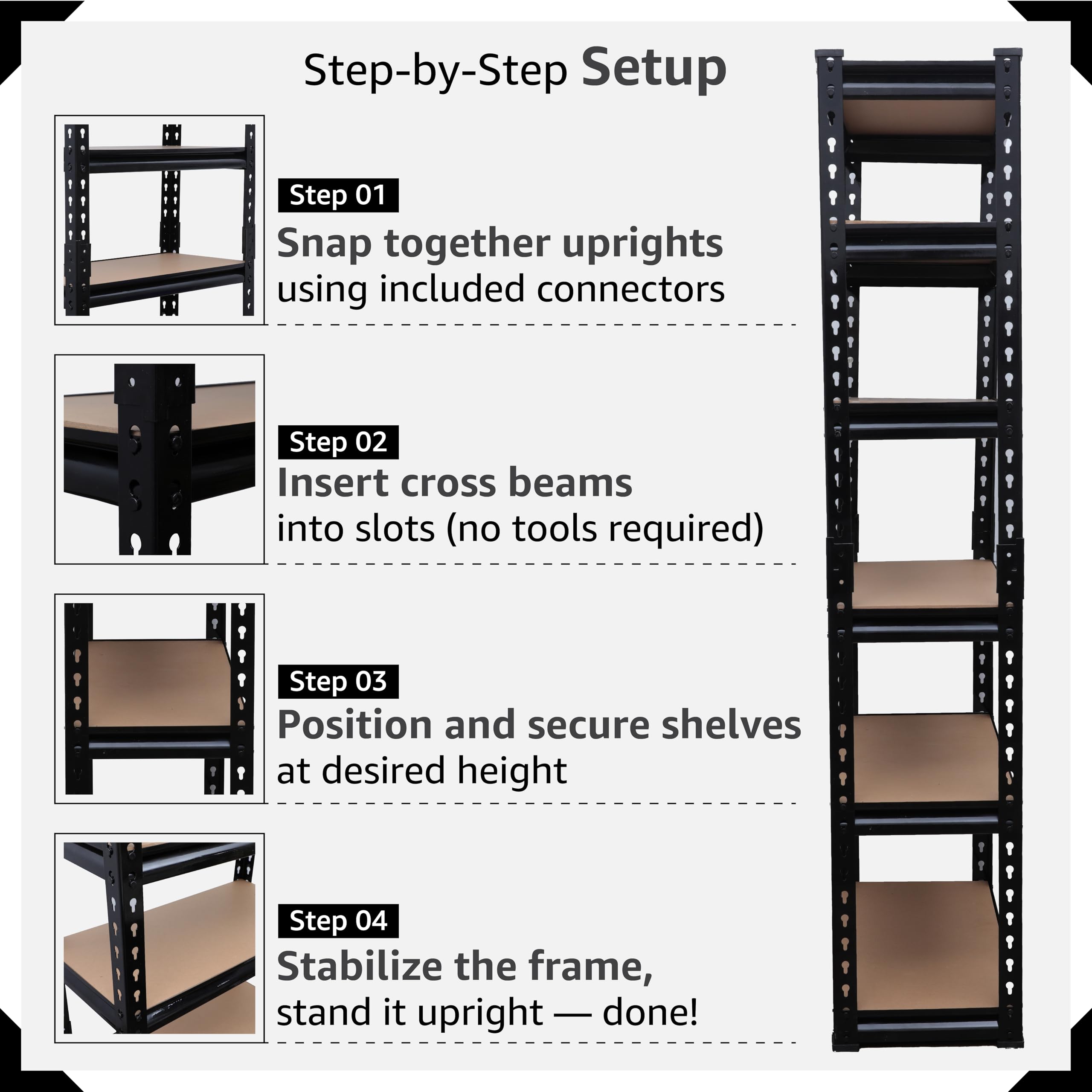 BonKaso Adjustable Set of 6-Shelf Metal Storage Shelving Unit, Steel Bootless Rivet Utility Display Rack Garage Shelves, 62 Inches Height(62 X 24 X 12 Inc) Black - Image 7 thumbnail
