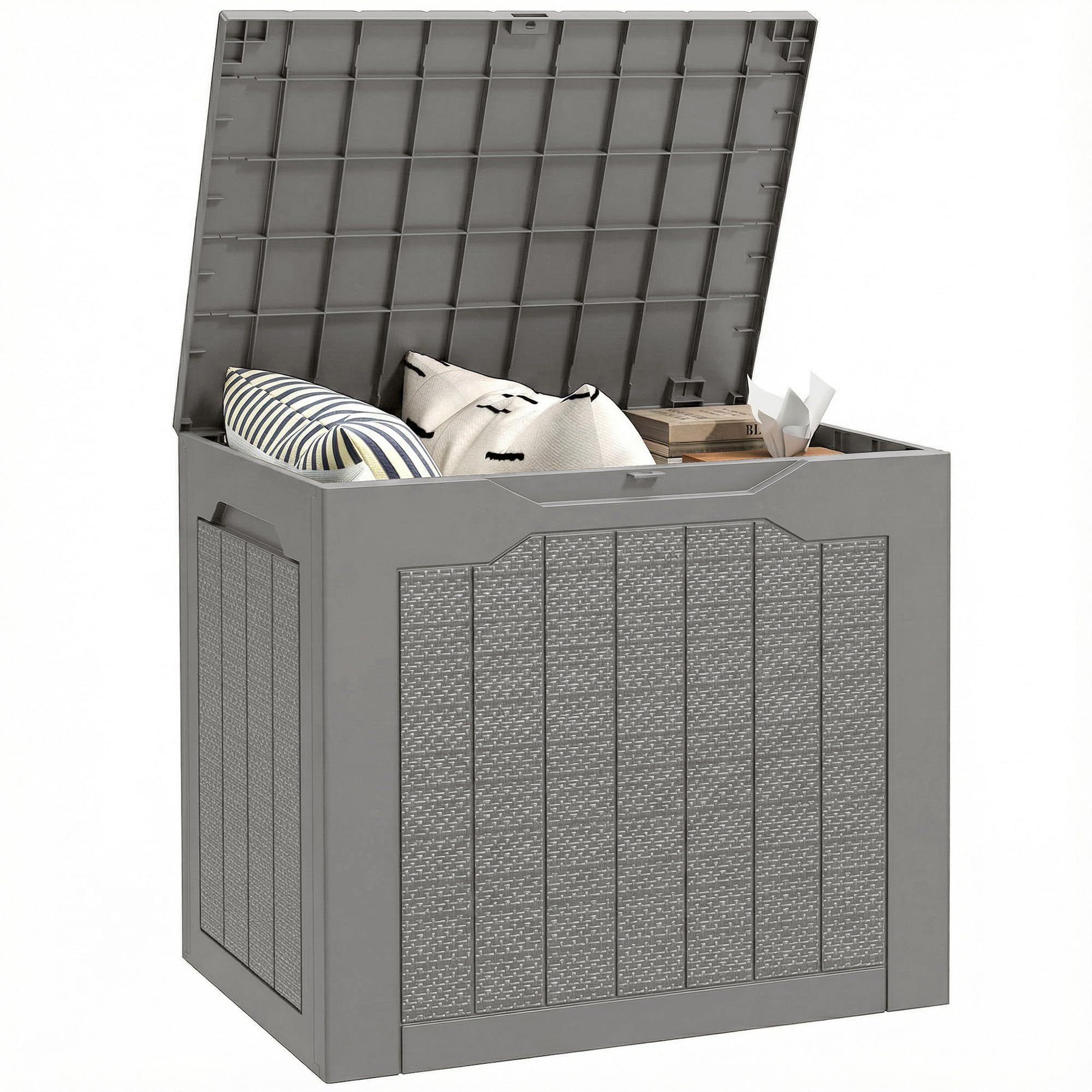 Outsunny 97L Plastic Garden Storage Box, Outdoor Storage Box with Handles, Waterproof Outdoor Storage Container for Garden Tools and Accessories, Khaki