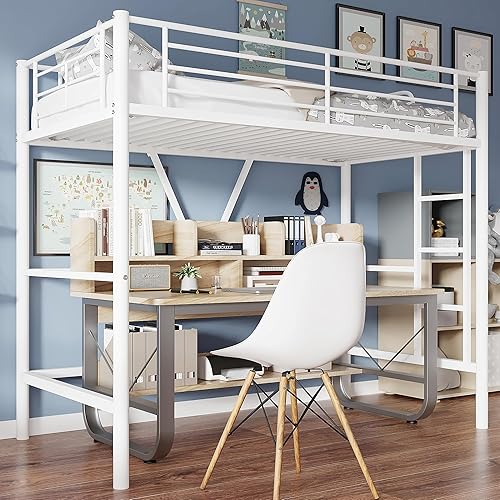 VECELO Twin Size Loft Bed with Stairs, Removable Ladder & High Guardrail, Heavy-Duty Metal Frame, Space-Saving Design & Noise-Free, White