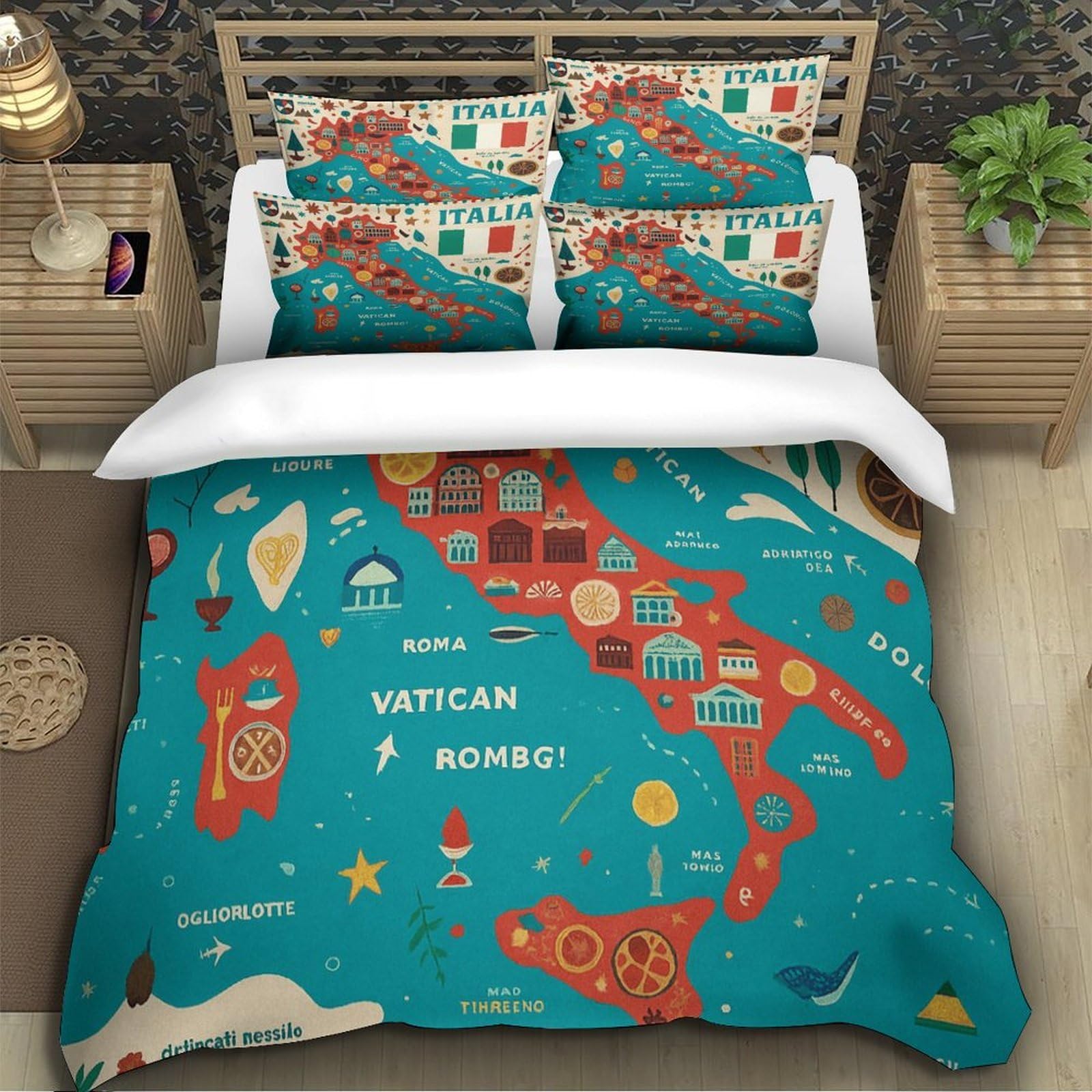 Guía de Viaje de Italia Impresión 3D 3 Piezas cubrecama Estilo de Mapa ilustrado Funda de edredón Microfibra Transpirable Cierre Cremallera para Chicos bebés Mujeres King（220x240cm）